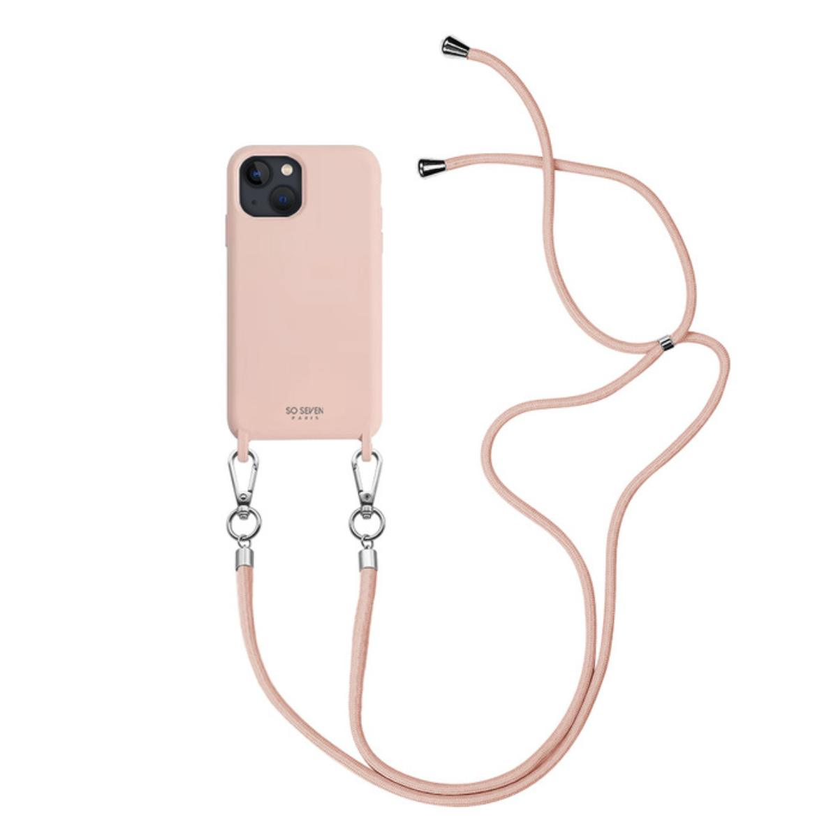 Custodia rosa con cinturino rosa e attacchi argentati, appesa. Sfondo bianco.