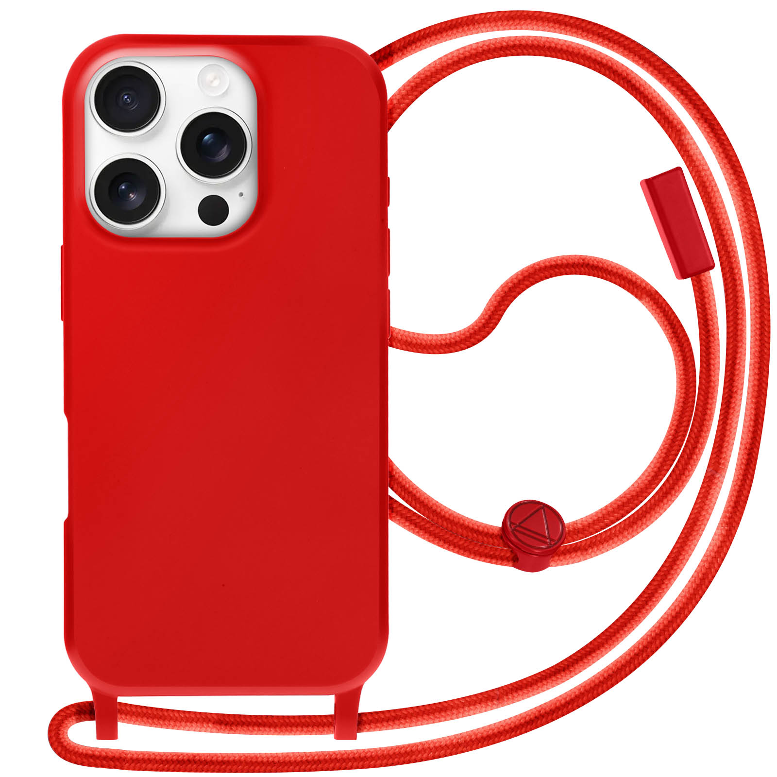 Custodia rossa per telefono con tre fotocamere. Cordino rosso. Sfondo bianco.