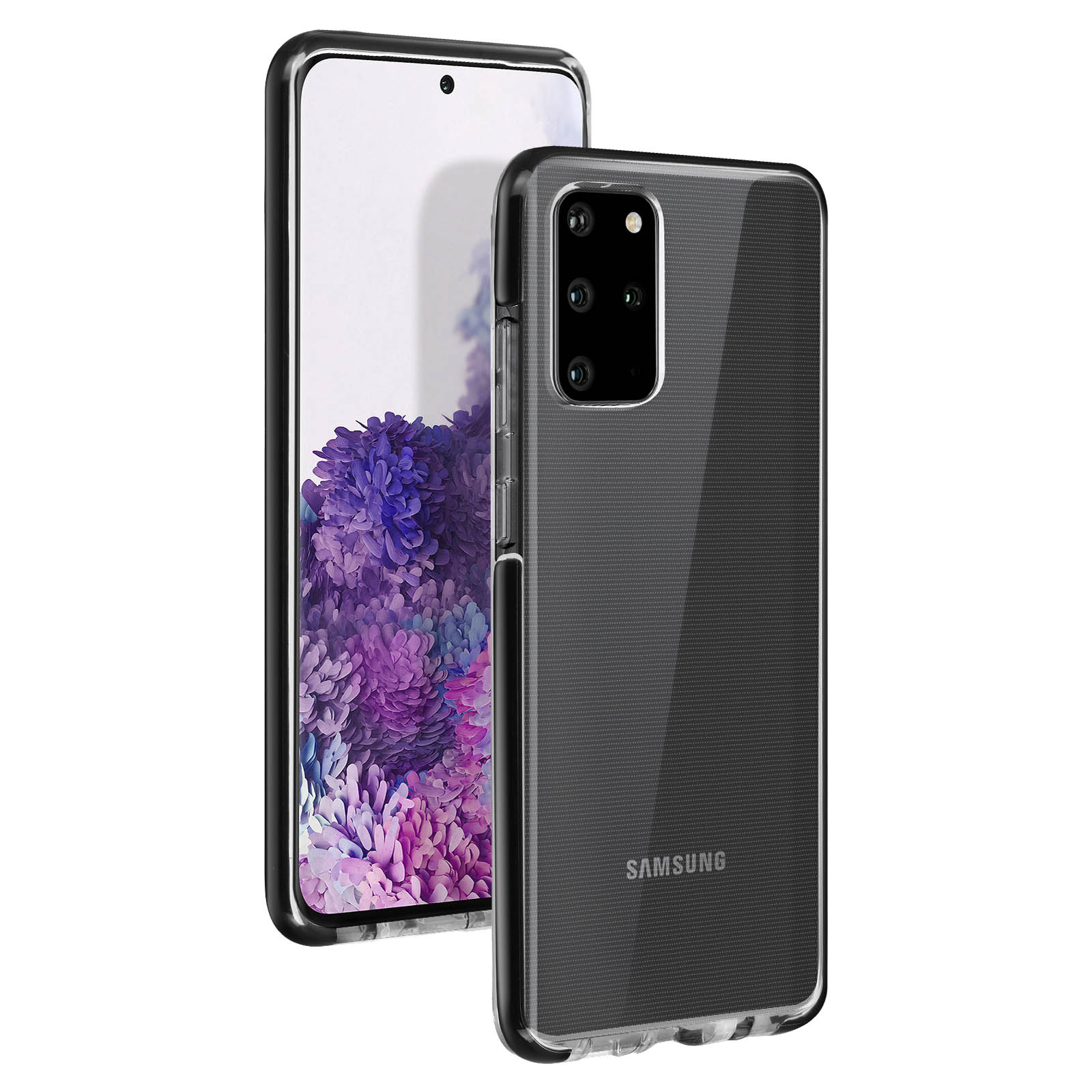 Custodia trasparente per telefono, telefono Samsung. Sfondo viola. Tre fotocamere visibili.