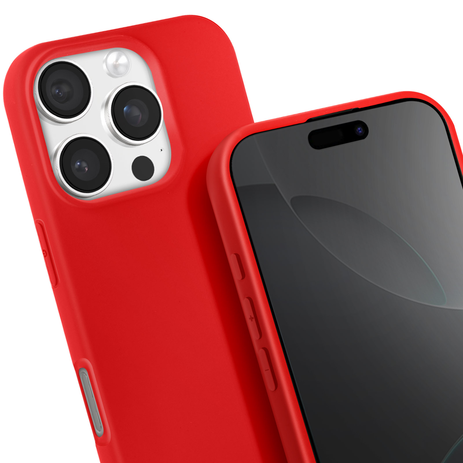 Custodia rossa con telefono rosso, quattro lenti fotocamera visibili.