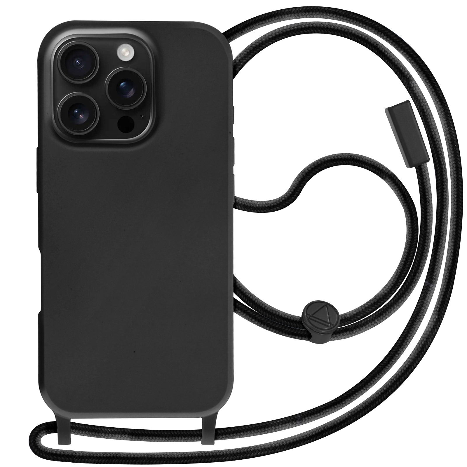 Custodia nera per telefono con cordino. Tre fotocamere visibili. Sfondo bianco.