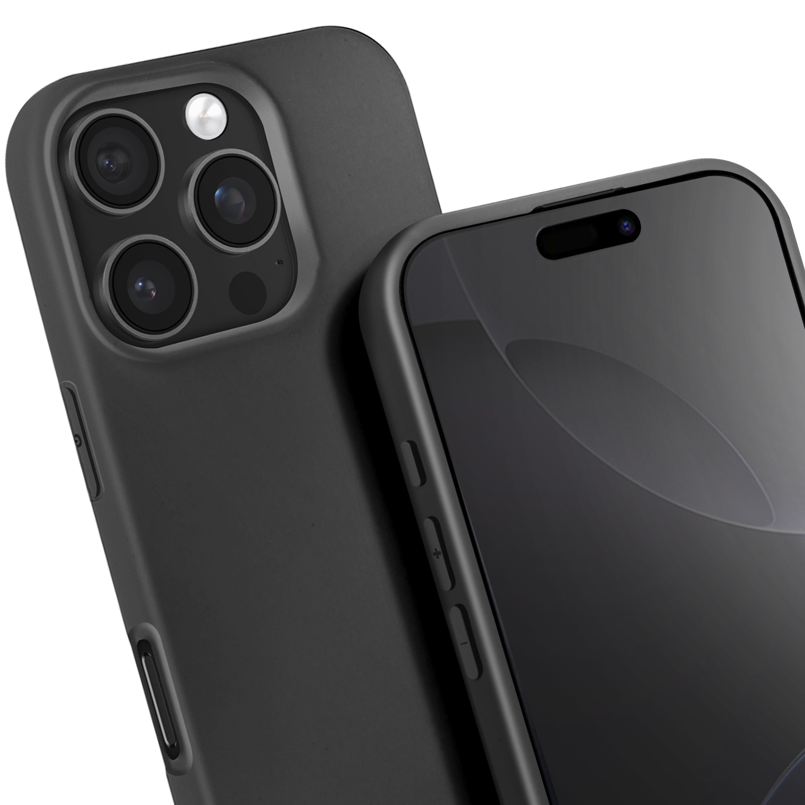 Custodia nera con telefono nero, quattro lenti fotocamera visibili.