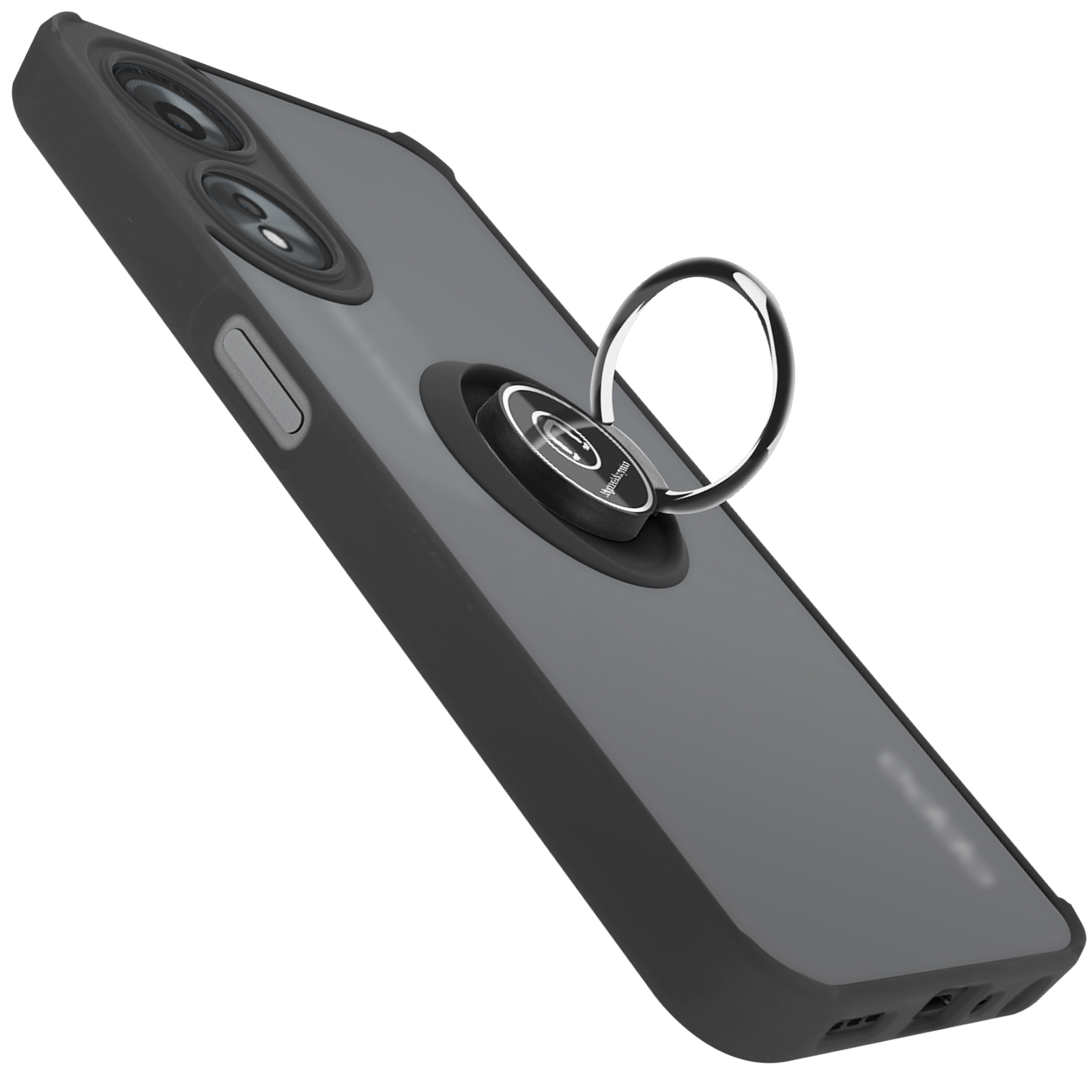 Custodia nera con anello, lenti della fotocamera visibili.
