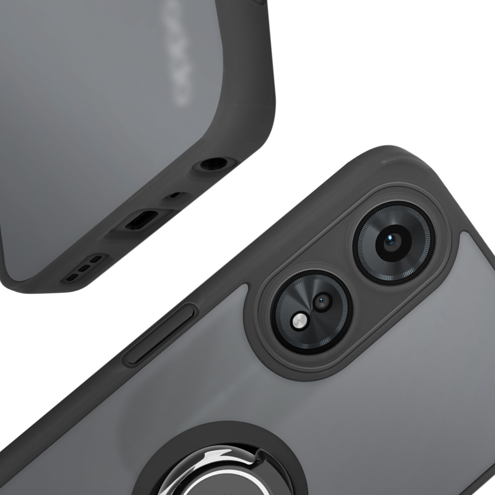 Custodia per telefono con tre fotocamere. Supporto ad anello visibile. Sfondo bianco.