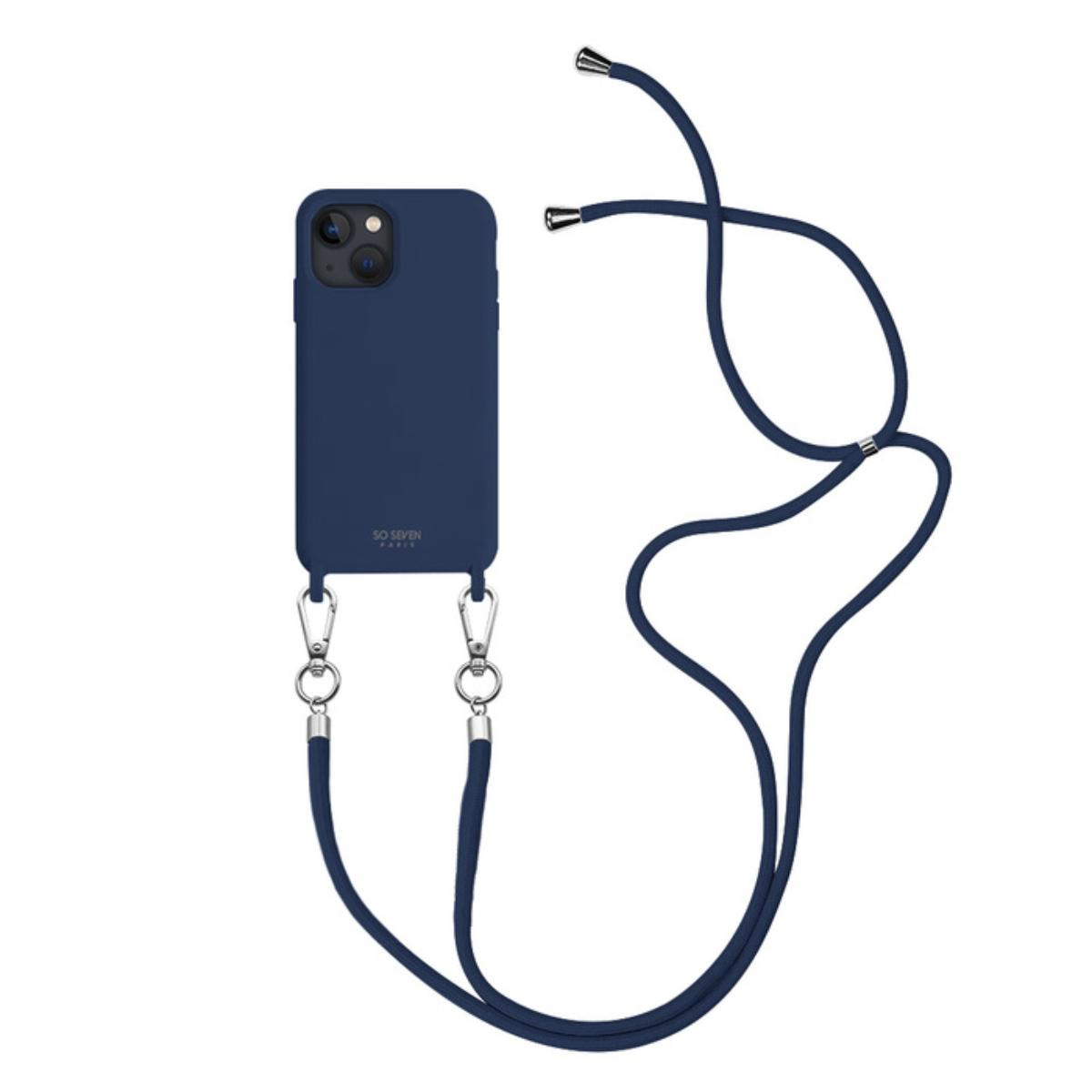 Custodia blu per telefono con cordino. Il telefono ha due anelli metallici. Sfondo bianco.