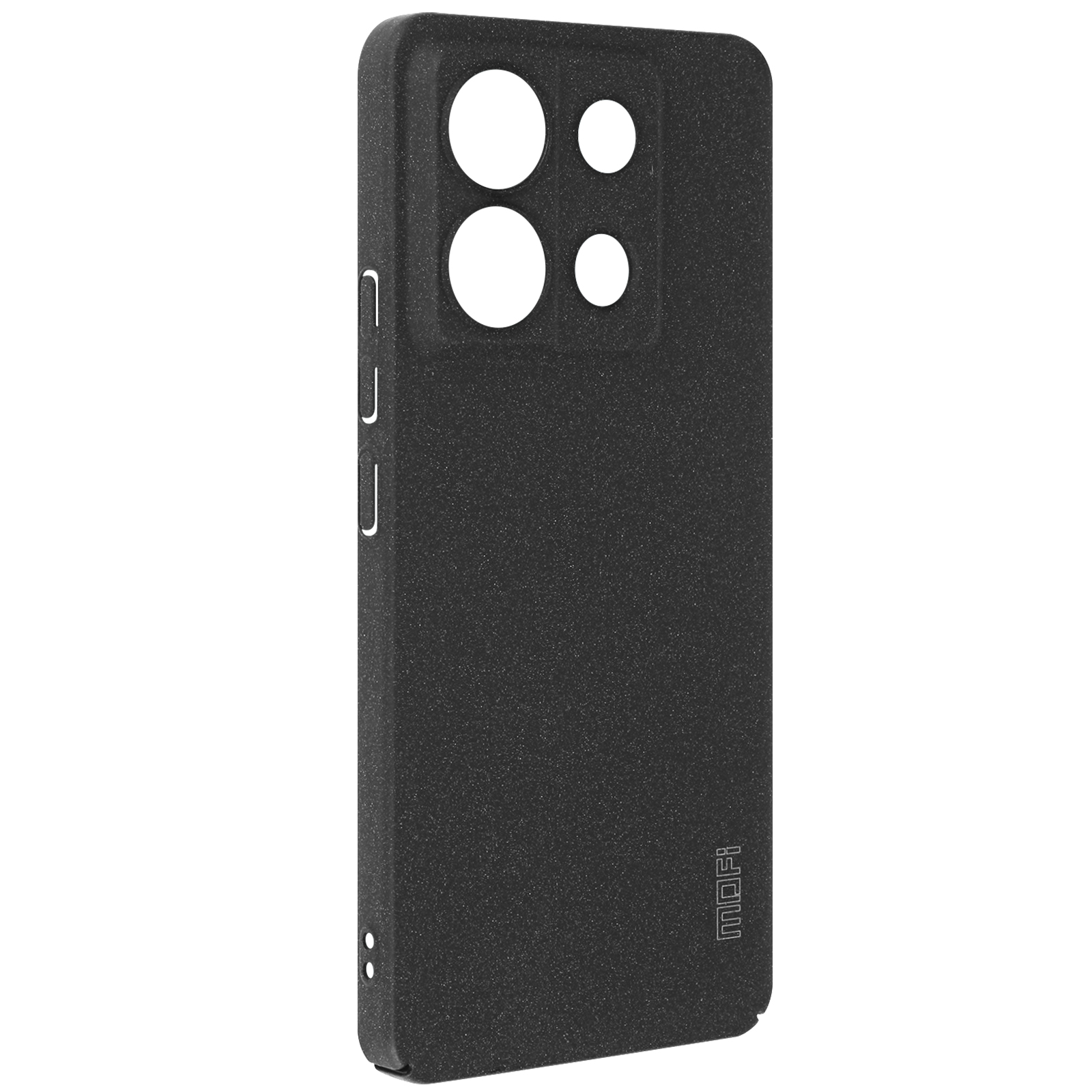 Custodia nera, quattro fori per fotocamera e superficie strutturata.