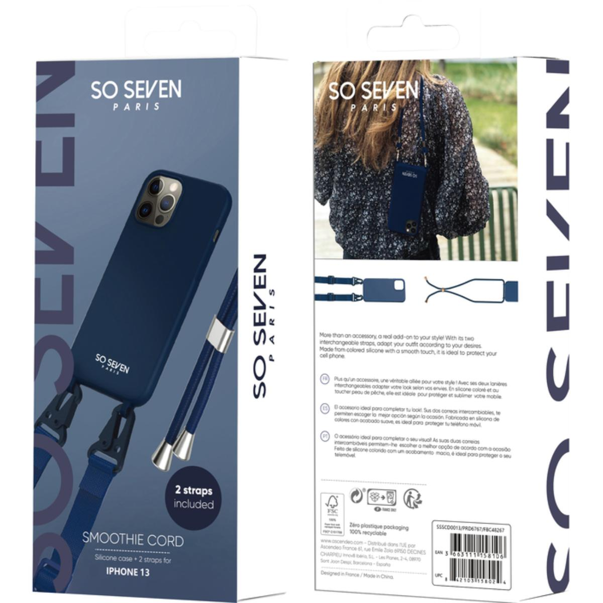 Scatola per custodia del telefono con custodia blu navy e cordino.