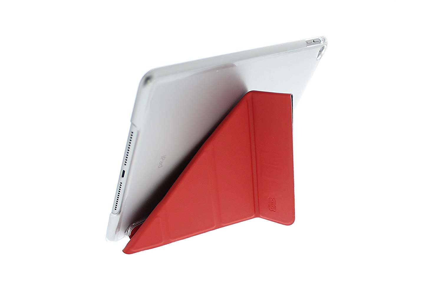 Tablet supportato da un supporto rosso. Il supporto è triangolare.