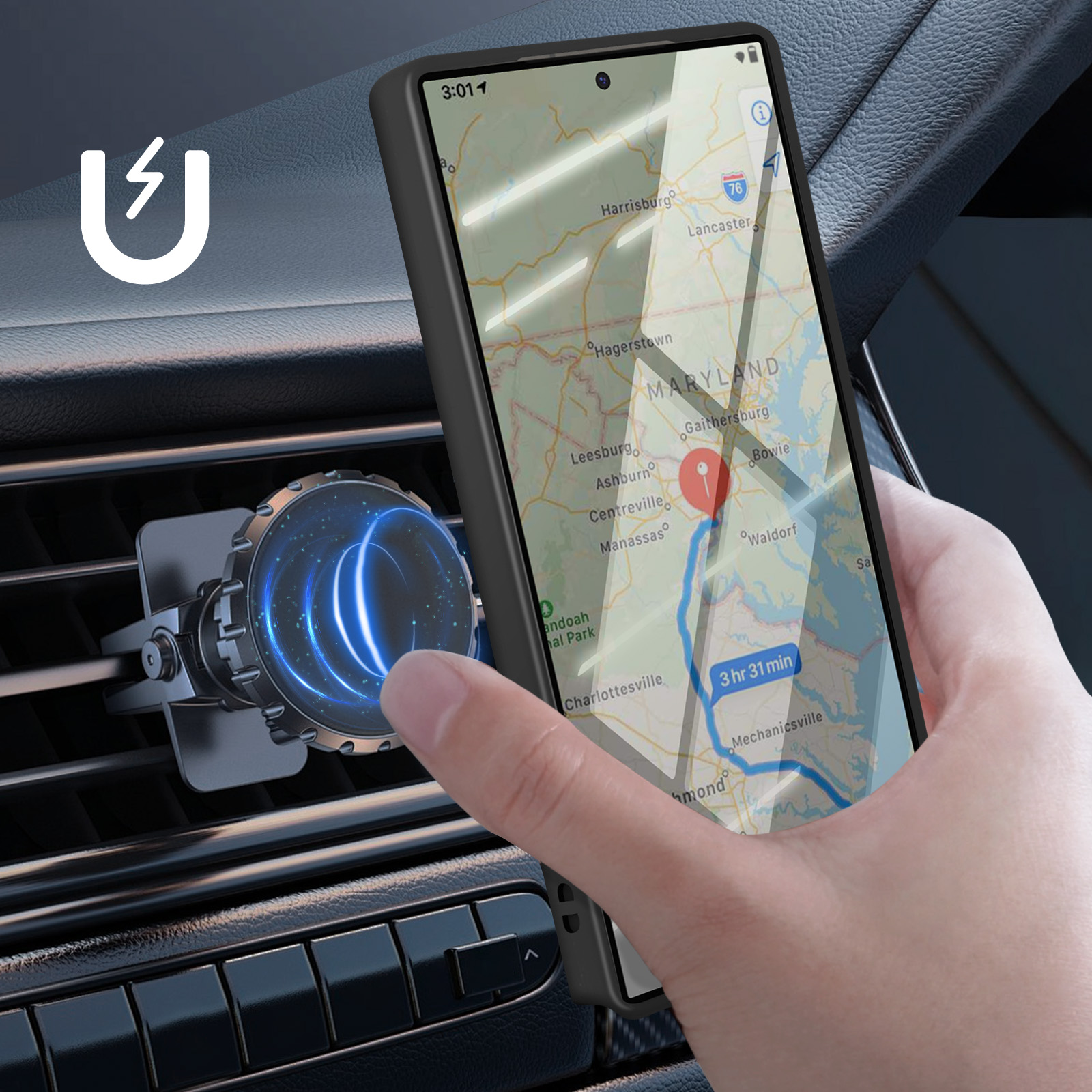 Telefono in auto, su bocchetta, mostra mappa di navigazione.