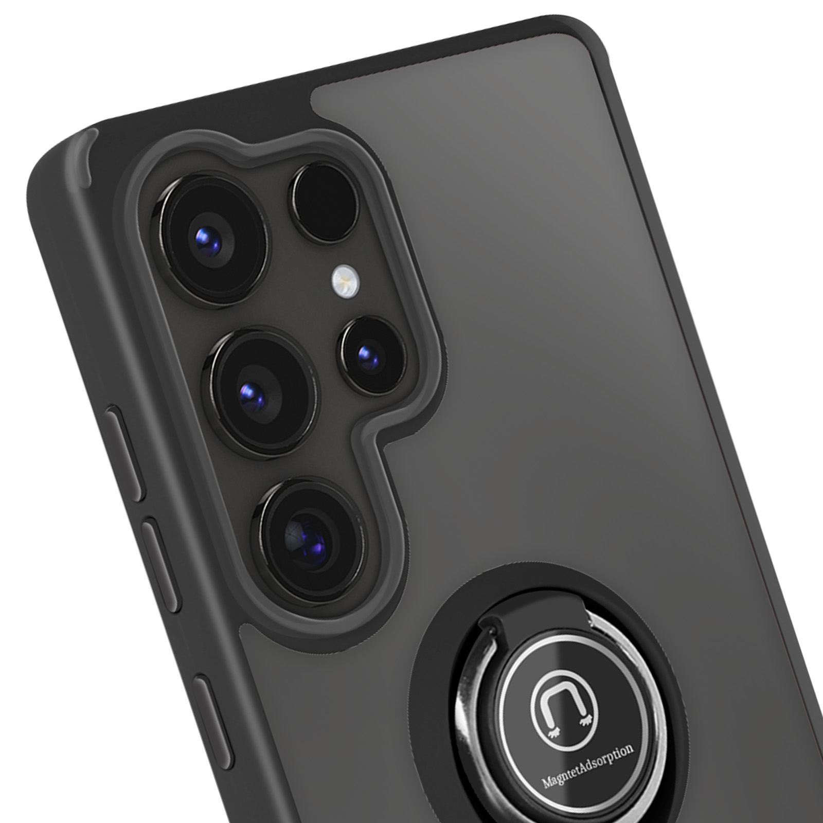 Custodia nera con anello, lenti della fotocamera visibili.