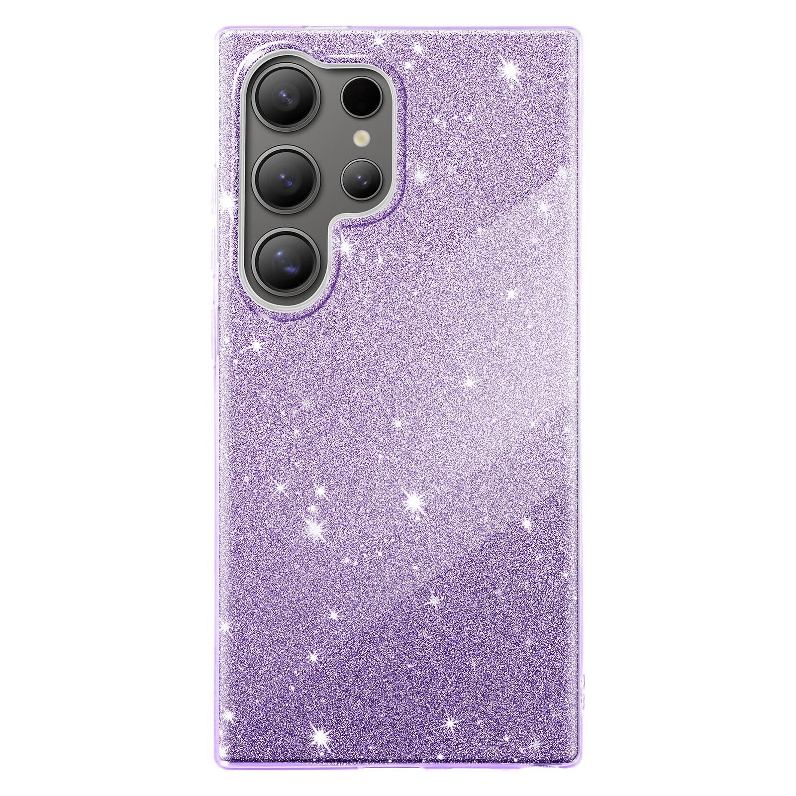 Una custodia per telefono glitterata viola con un telefono all'interno che mostra la fotocamera.