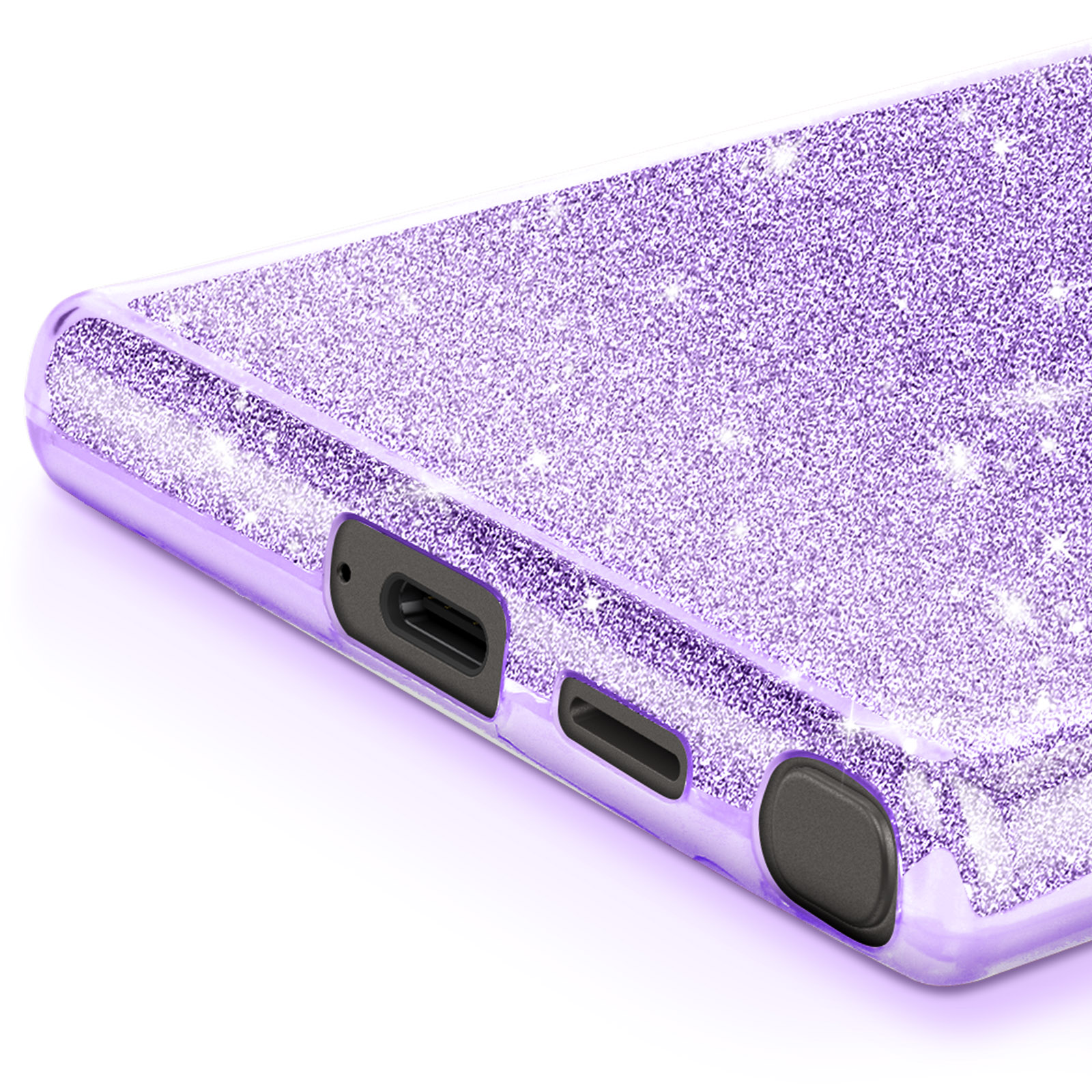 Primo piano di una custodia per telefono viola e glitterata con porta di ricarica.