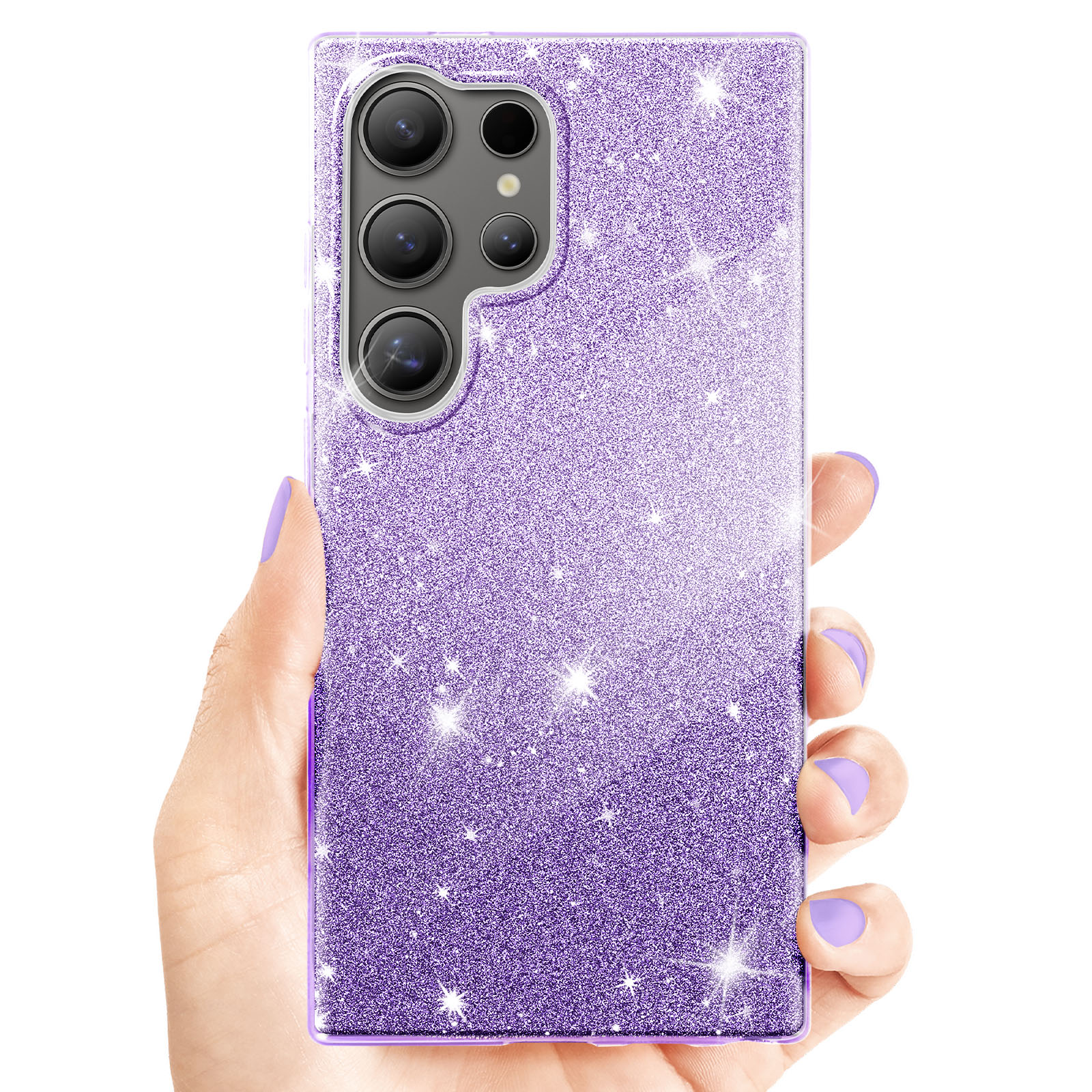 Una mano che tiene una custodia per telefono glitterata viola con un telefono.
