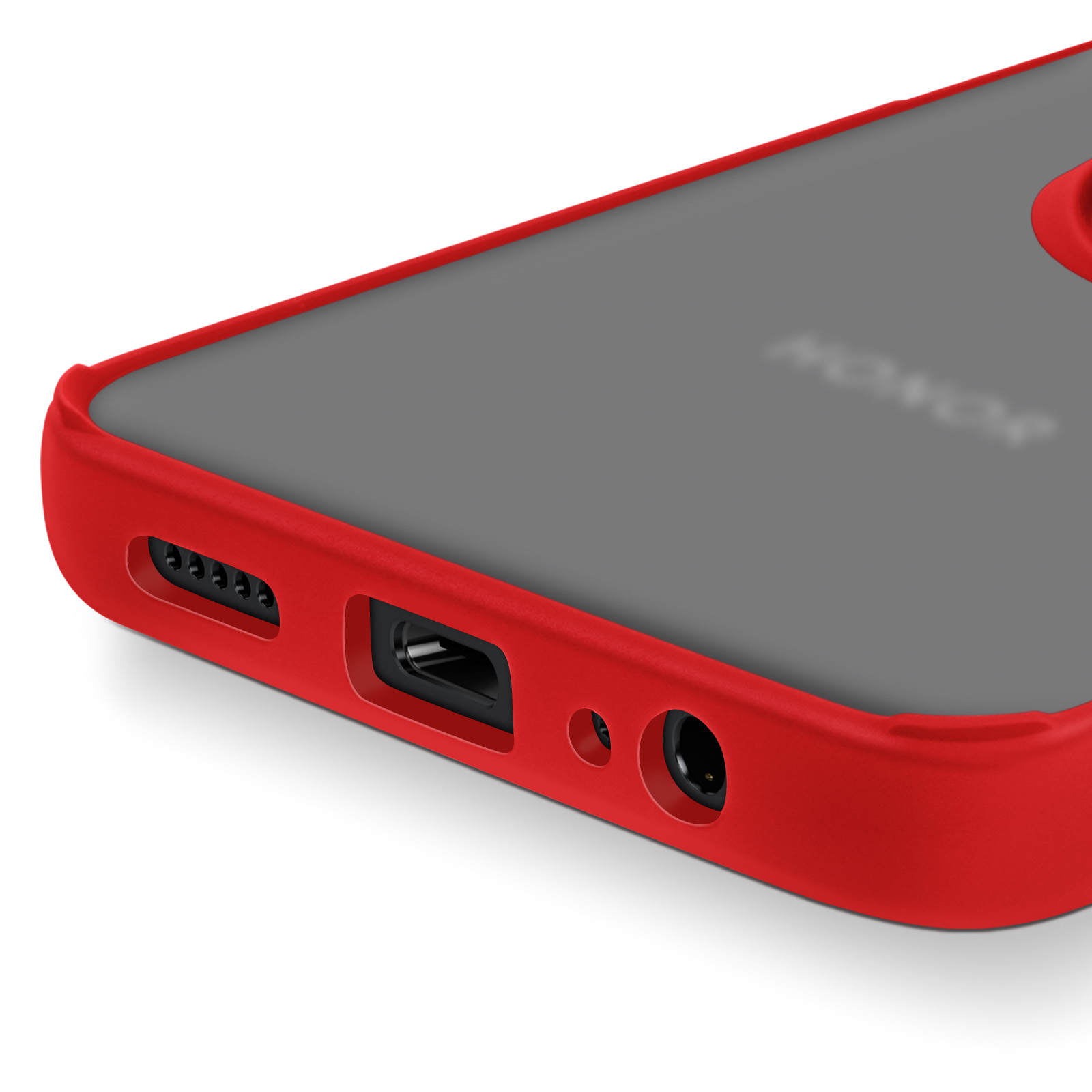 Eine rote Handyhülle mit einem schwarzen Telefon im Inneren, das den Ladeanschluss und die Lautsprecherlöcher zeigt.
