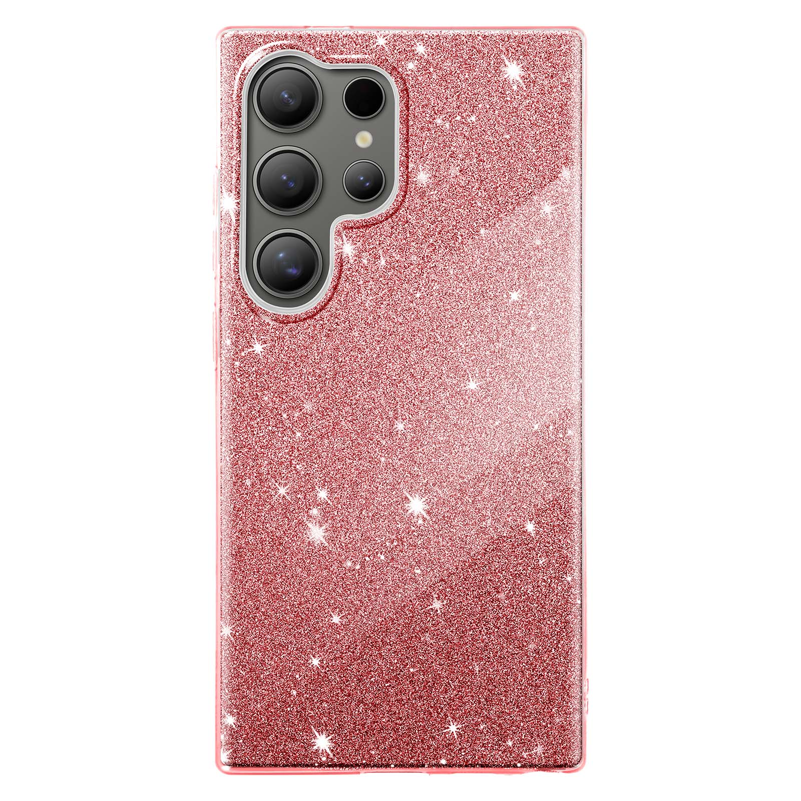 Custodia glitterata rossa con lenti della fotocamera. Luce riflessa sulla superficie.