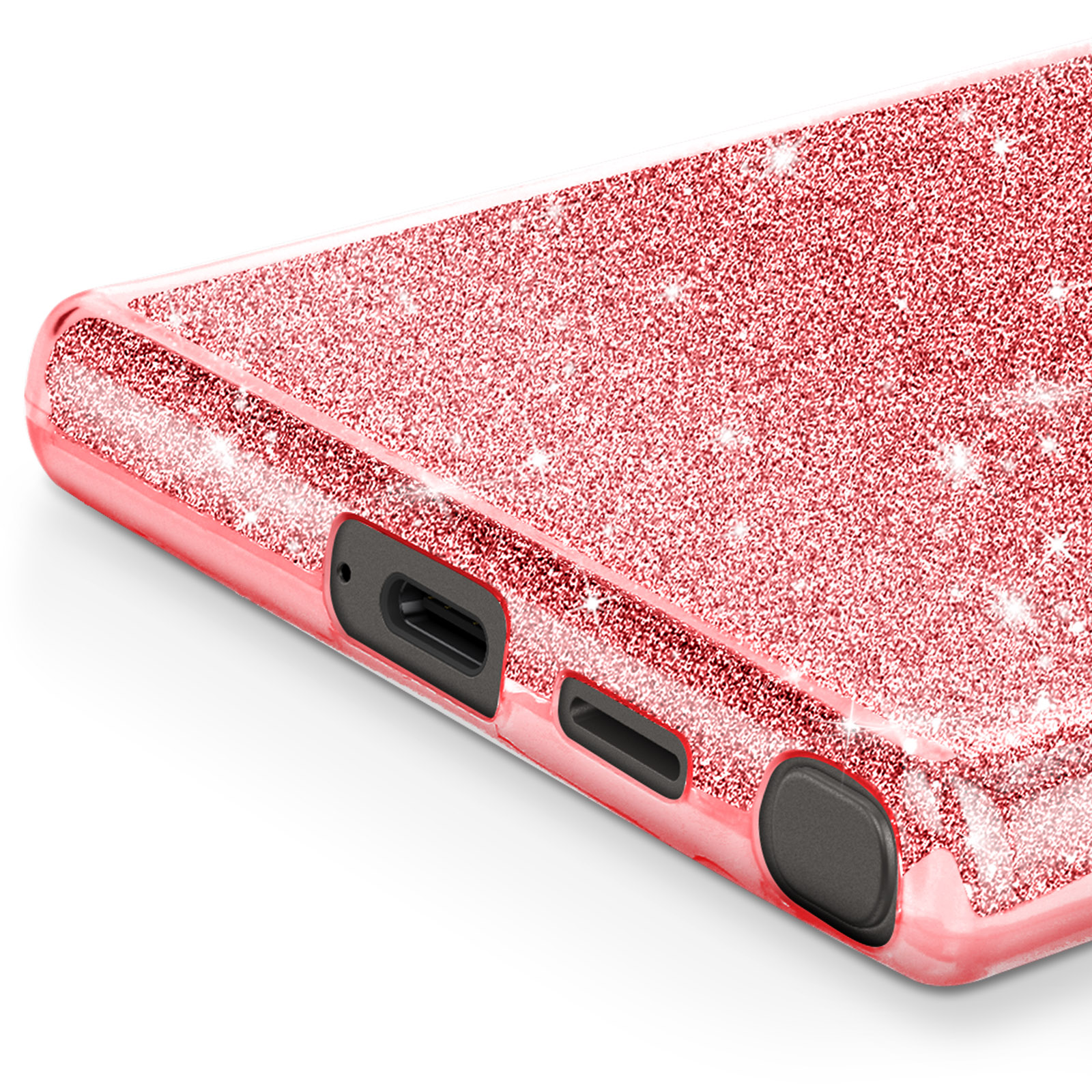 Primo piano di custodia glitterata rossa con porte e lato del telefono.