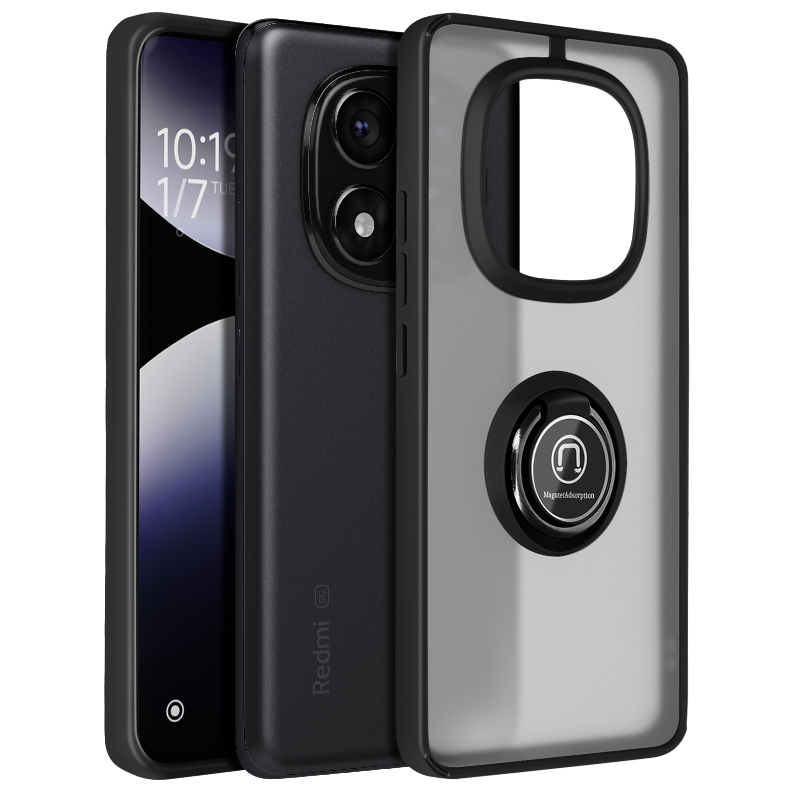 Telefono nella custodia, con tre fotocamere e supporto ad anello. Nero e grigio.