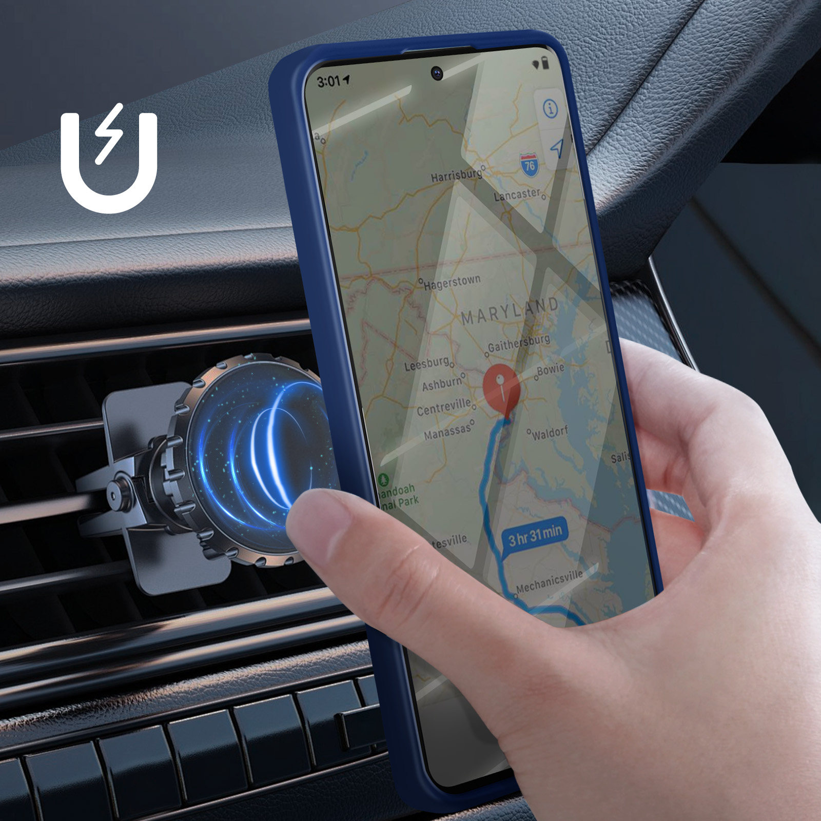 Telefono montato in auto, mostra la mappa. Telefono in custodia blu.