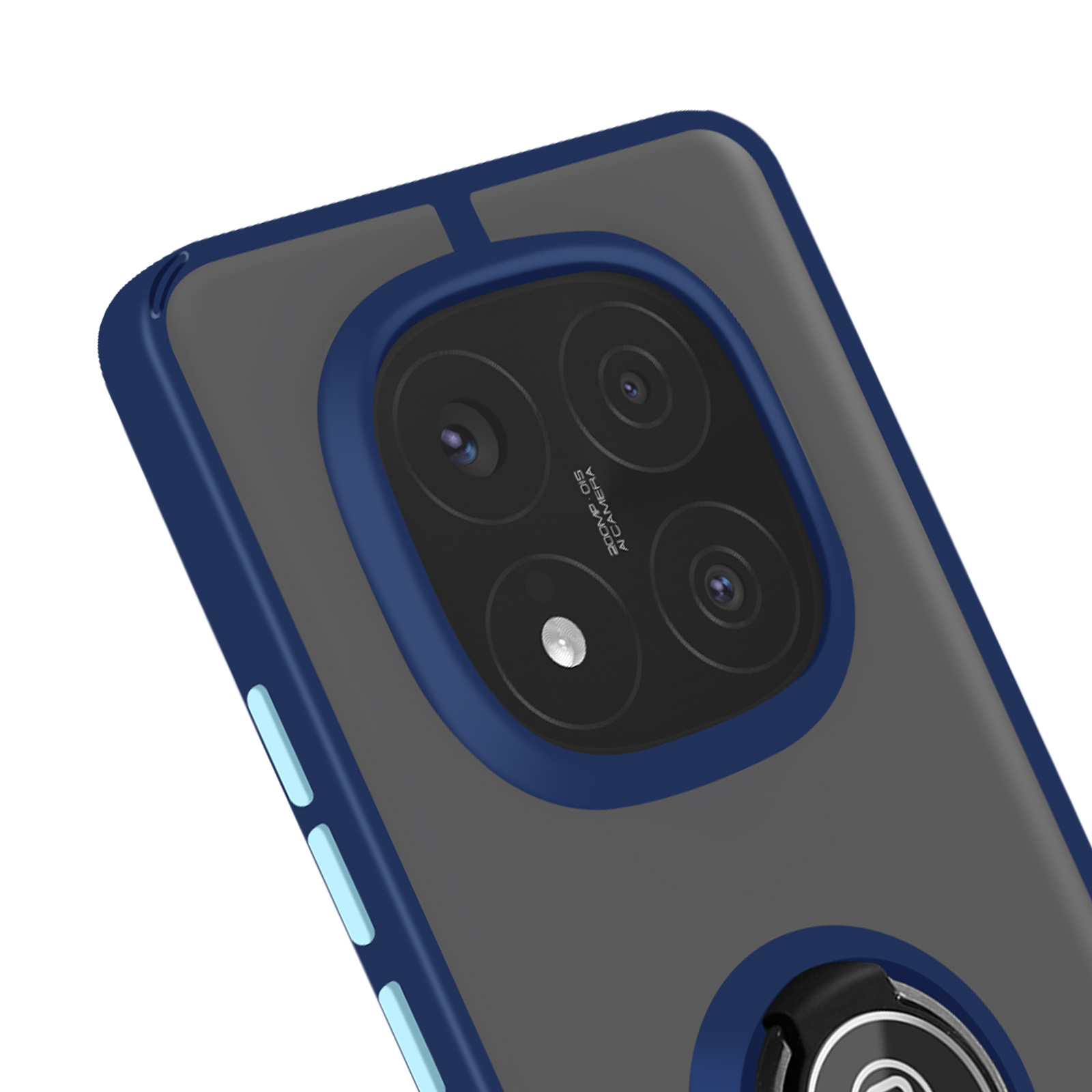 Custodia con tre fotocamere e anello di supporto. Bordo blu e retro grigio.