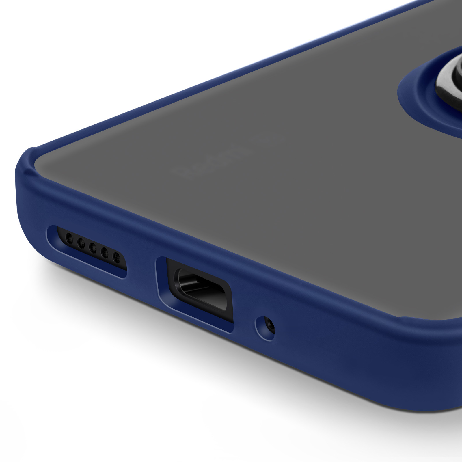 Custodia per telefono blu con porta di ricarica, fori per altoparlanti e un microfono.