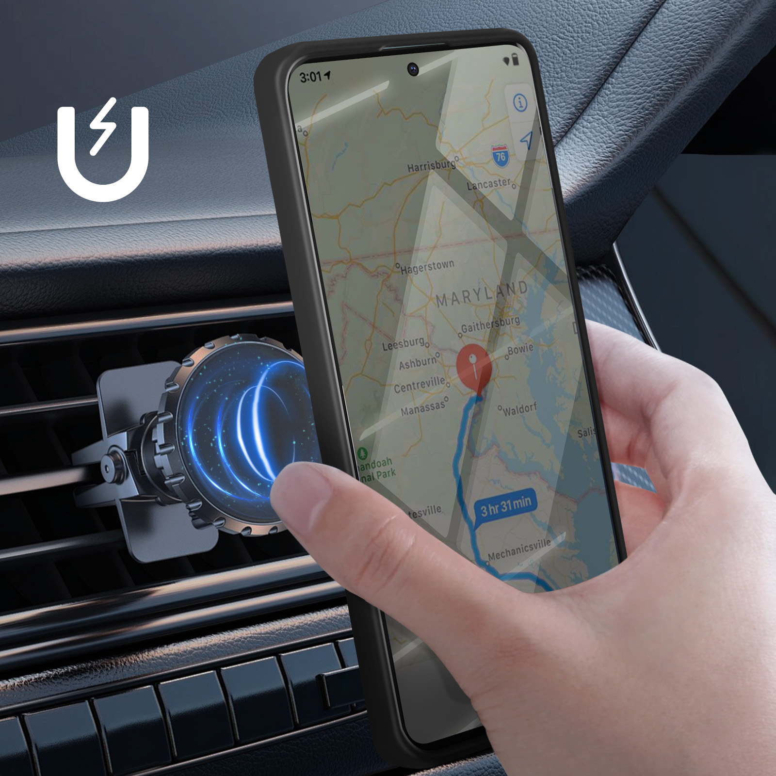 Telefono con custodia montato su una presa d'aria dell'auto. Mostra una mappa sullo schermo.