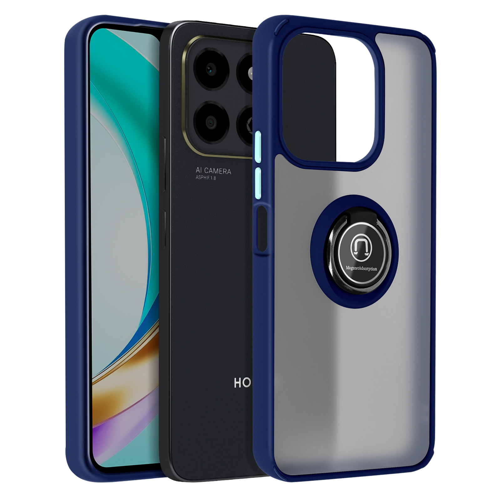 Telefon in einer blauen Hülle. Die Hülle hat einen Ringhalter. Das Telefon ist schwarz.
