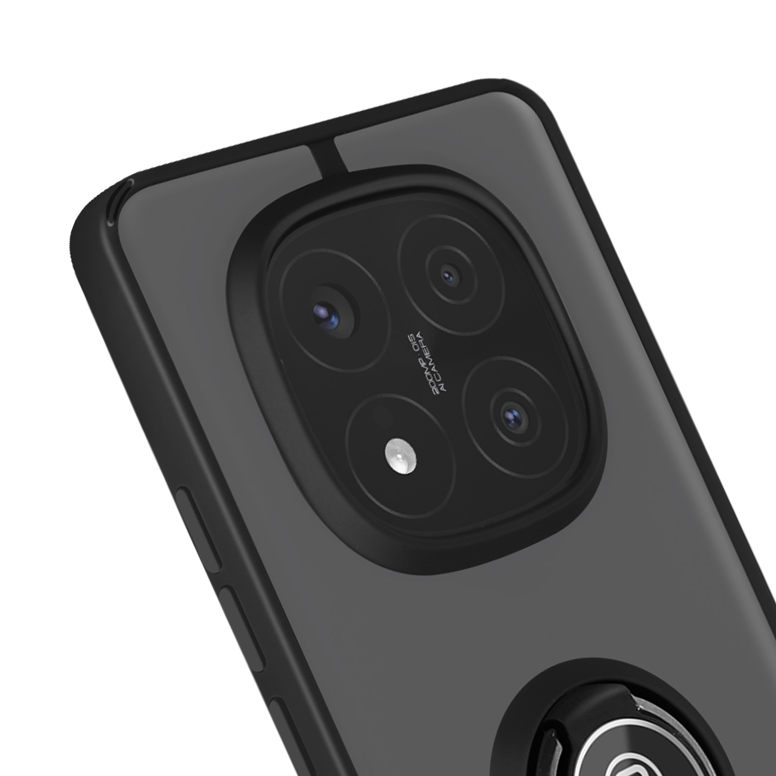 Custodia per telefono nera con tripla fotocamera e supporto ad anello. Testo di adsorbimento magnetico.