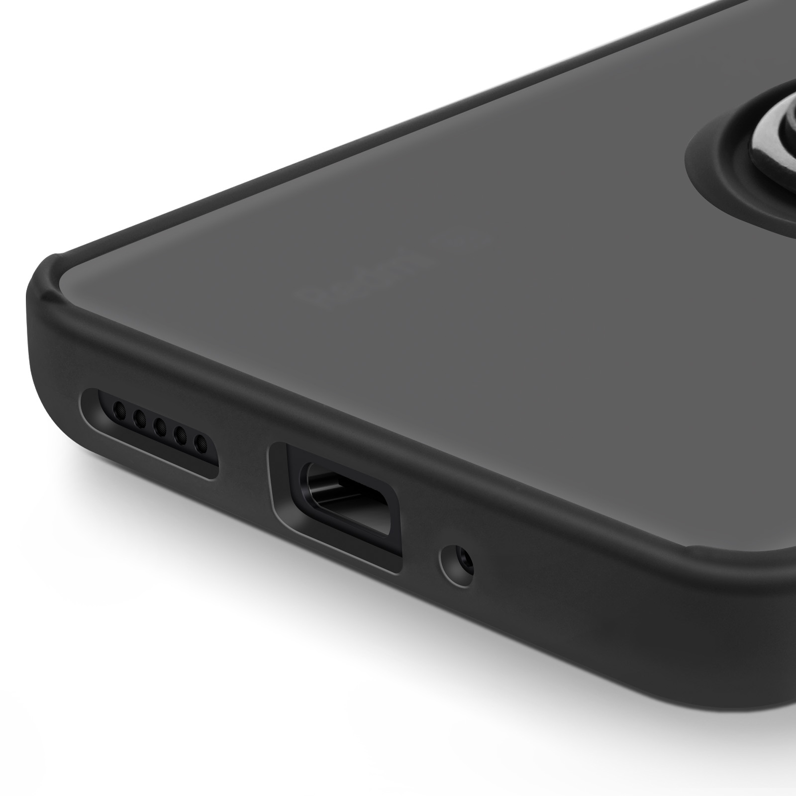Custodia per telefono nera con porta di ricarica, fori per altoparlanti e un microfono.