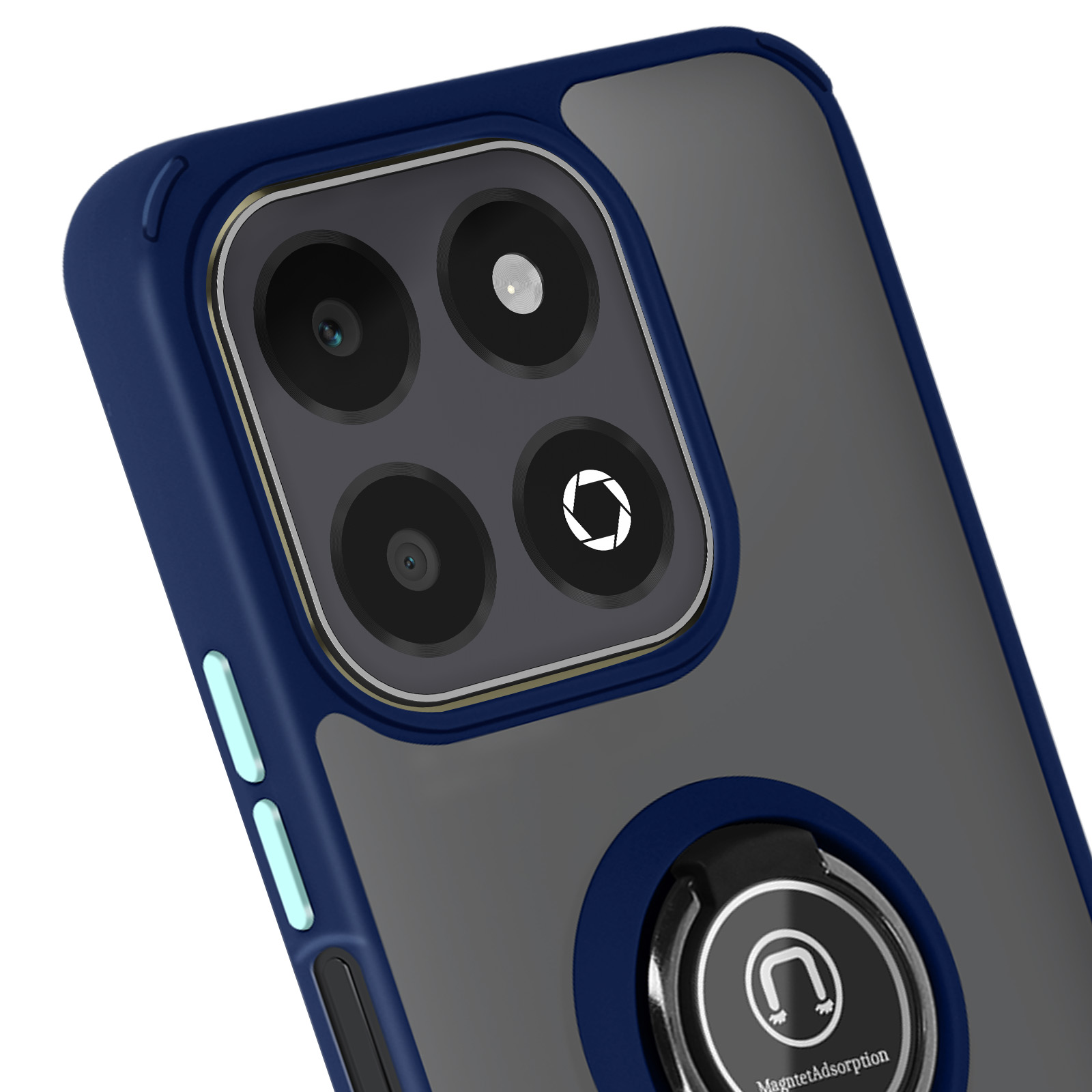 Blaue Handyhülle mit Dreifachkamera und Ringhalter. Text Magnetadsorption.