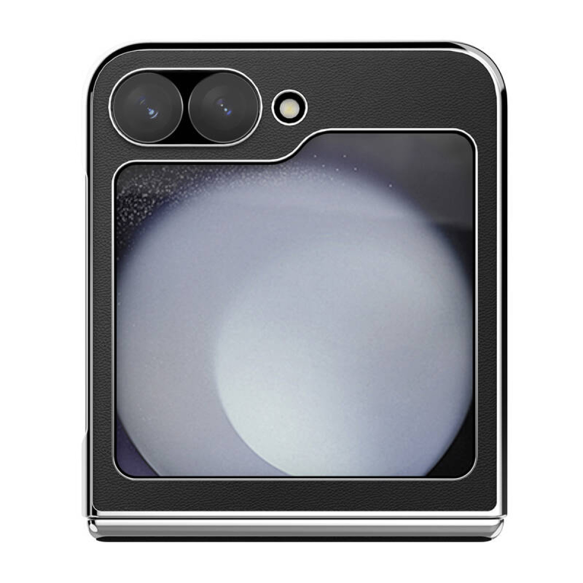 Custodia per telefono con doppia fotocamera, schermo e cornice in pelle nera.
