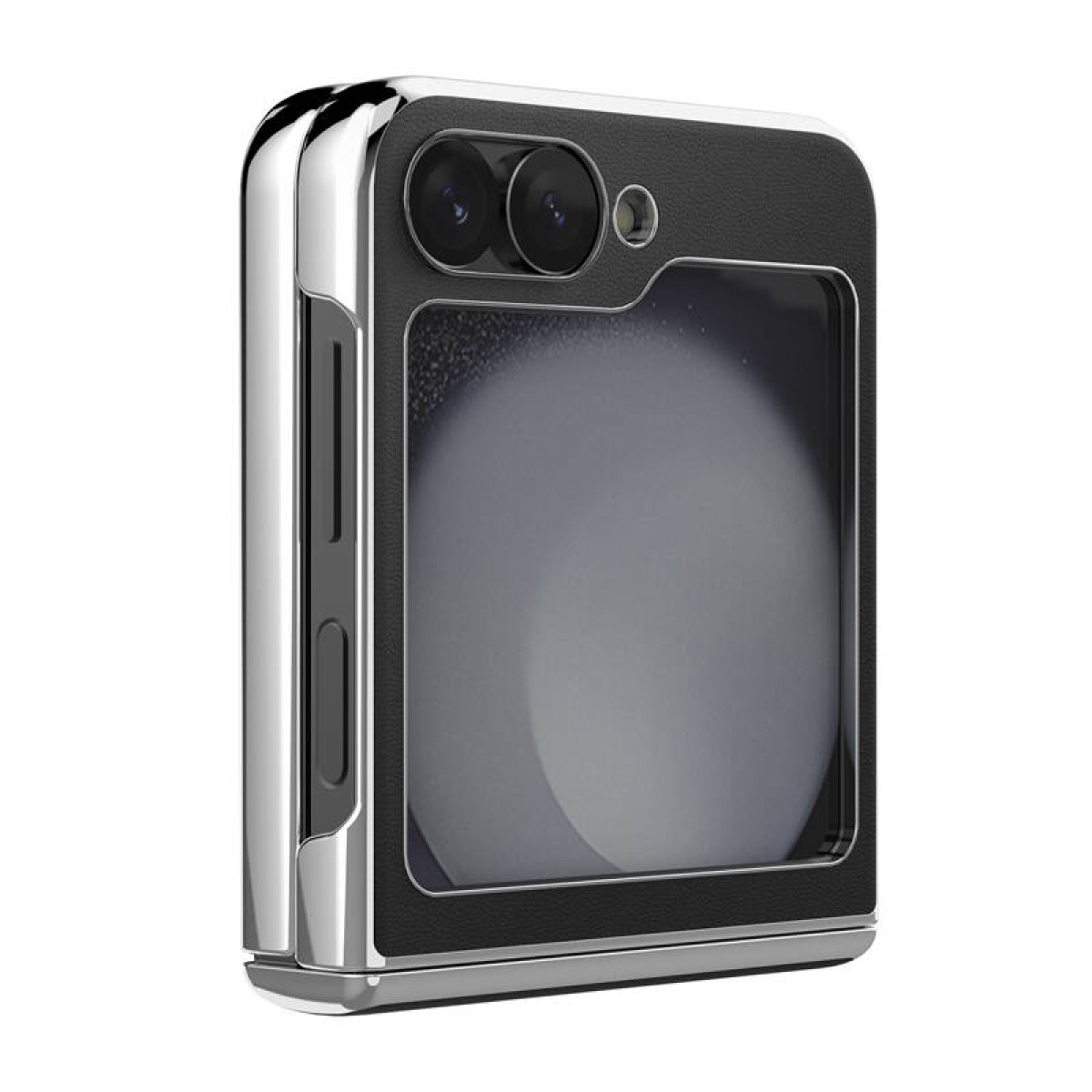 Custodia per telefono pieghevole, finitura similpelle nera, finiture argentate, doppia fotocamera e schermo.