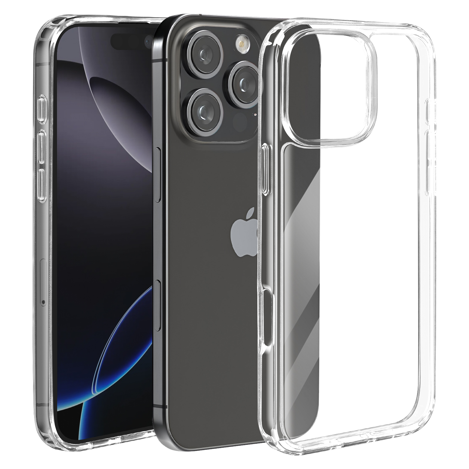 Tre smartphone con custodie protettive. Uno con schermo, un altro con fotocamera, il terzo è trasparente.