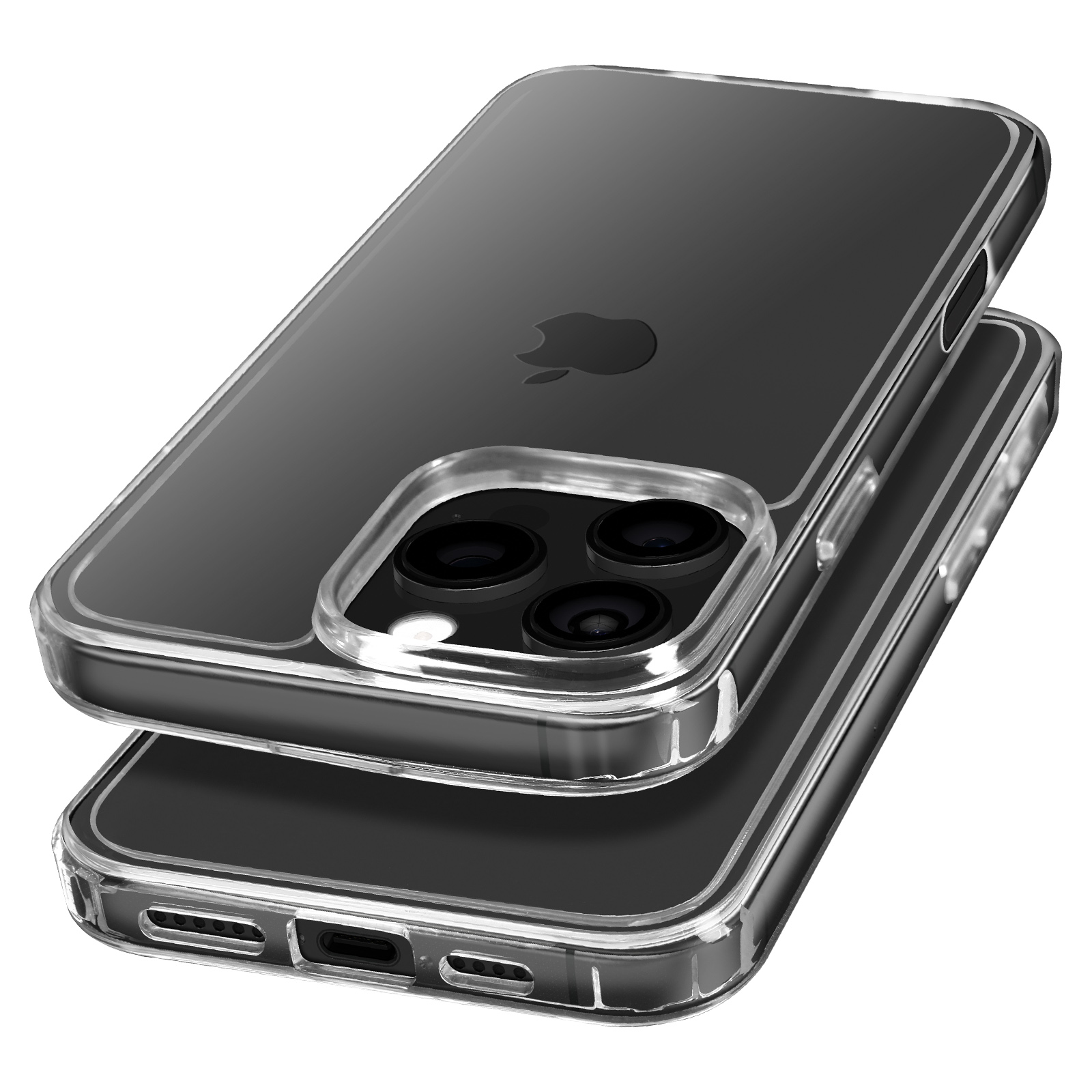 Due smartphone con custodie protettive trasparenti impilati, leggermente inclinati.