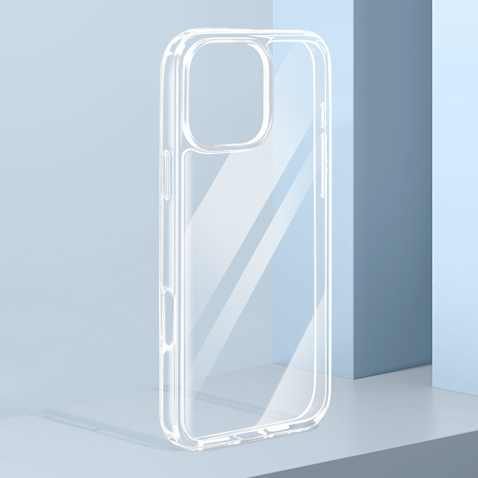 Custodia per telefono in plastica trasparente su sfondo bianco e azzurro. La custodia è vuota.
