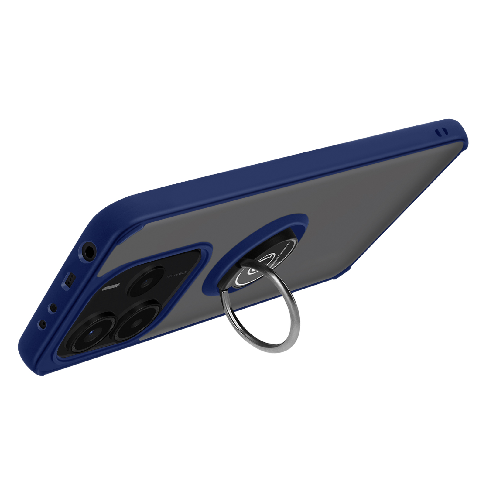 Una custodia blu con supporto ad anello è angolata, mostrando il retro del telefono e l'anello.