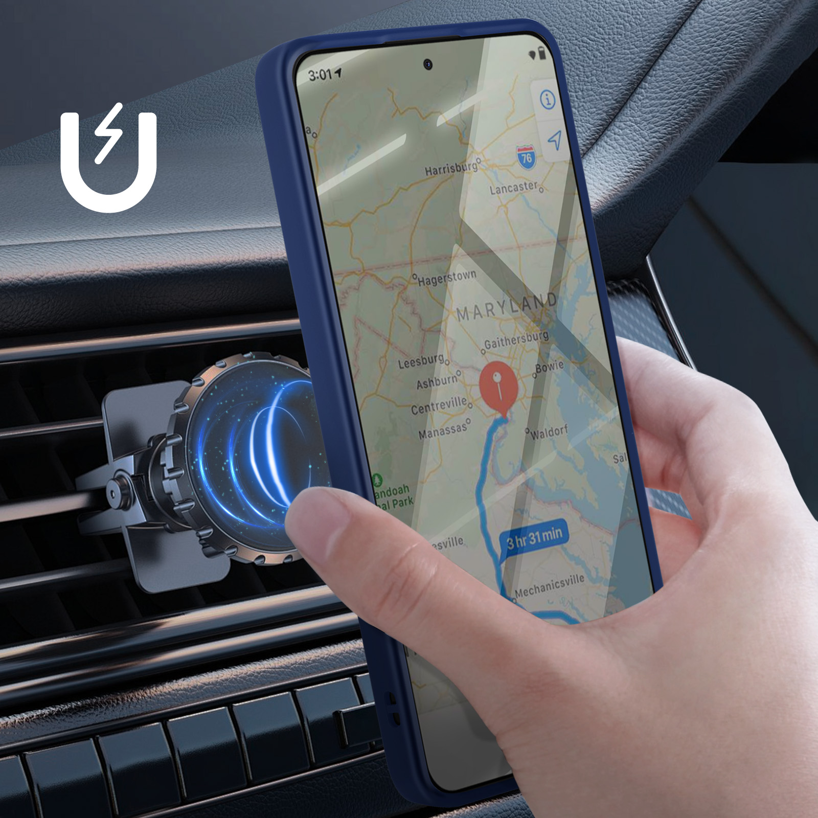 Un telefono in una custodia blu è montato su un supporto per bocchetta dell'auto, mostrando una mappa. Una mano lo raggiunge.