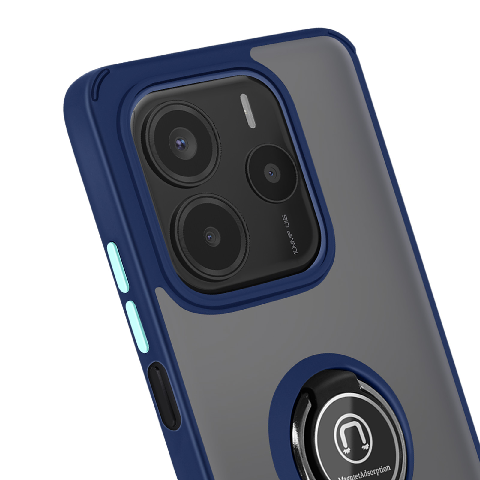 Custodia per telefono con lenti della fotocamera, un porta anello e un design blu scuro e grigio.