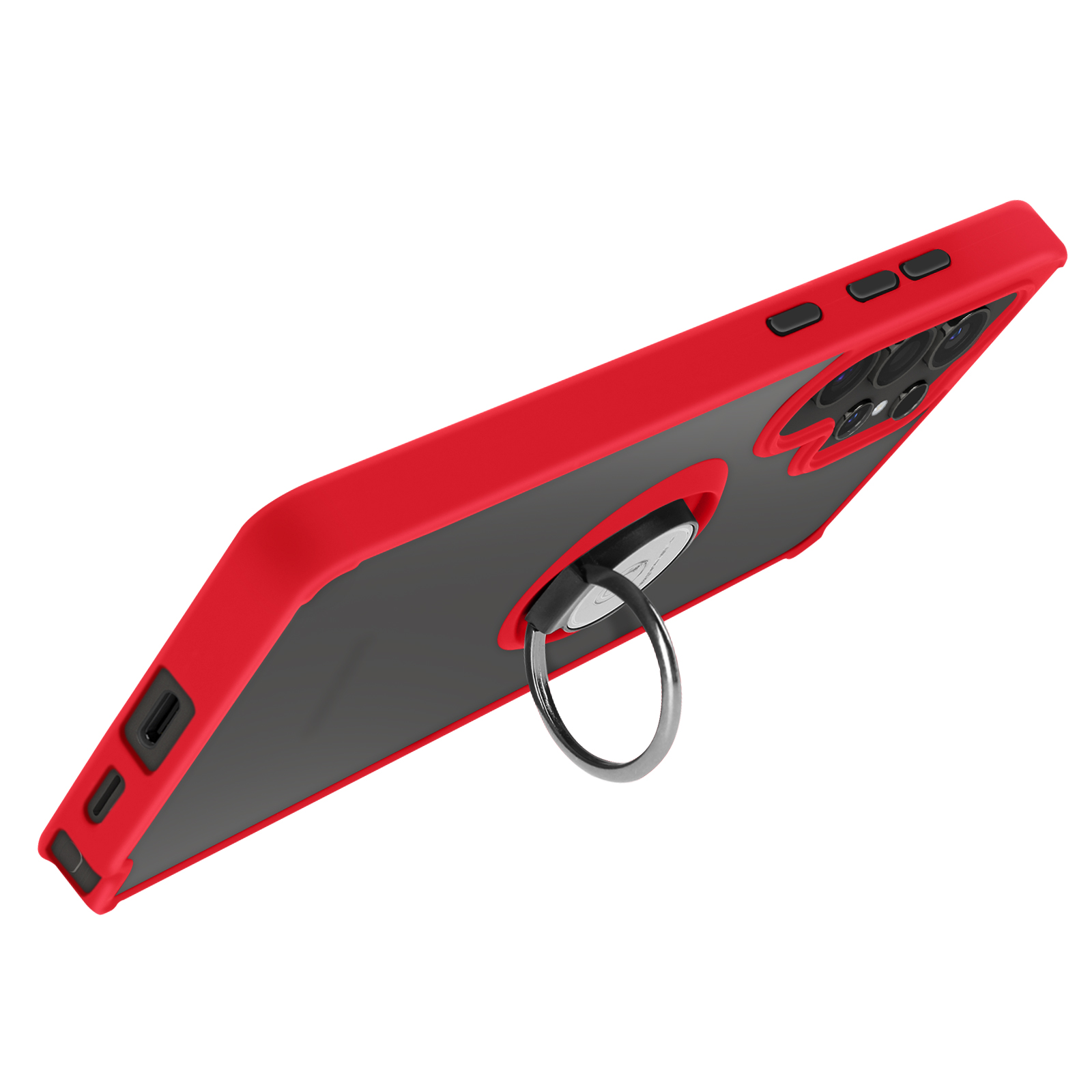 Custodia per telefono rossa e grigia con anello. Sfondo bianco.