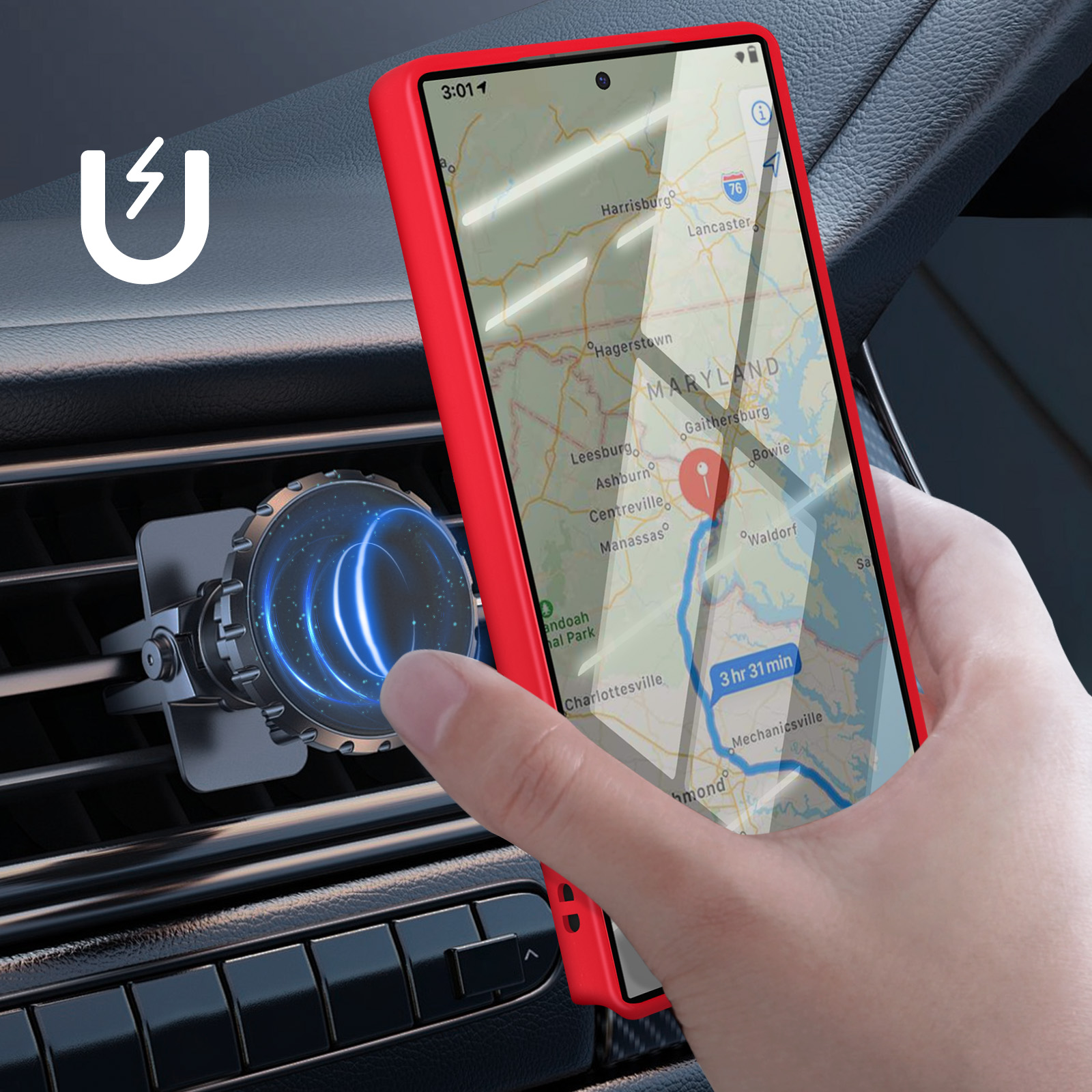 Un telefono in una custodia rossa è montato su una bocchetta dell'auto, mostrando una mappa. Una mano lo raggiunge.