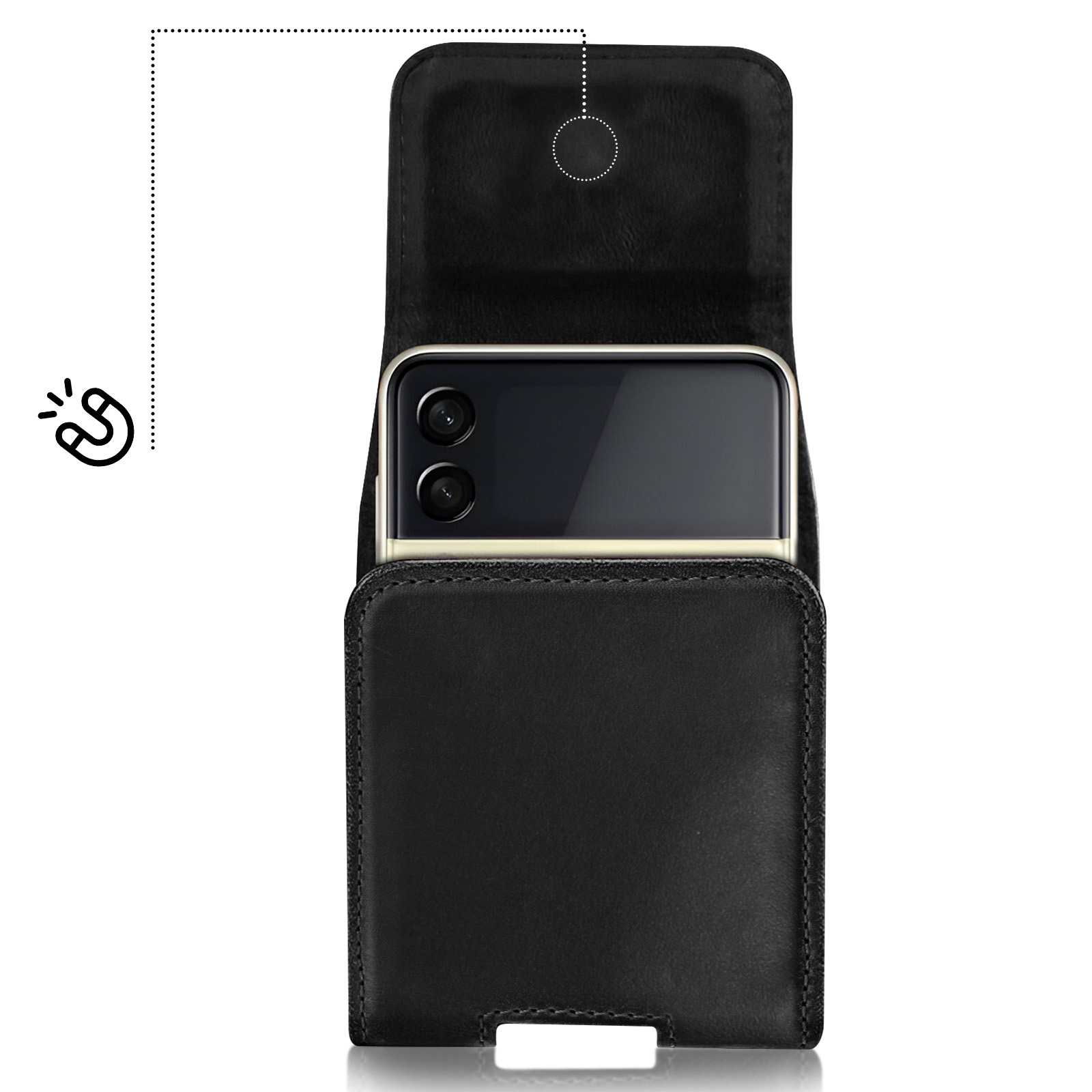 Una custodia nera per telefono è aperta, rivelando un telefono con cornice dorata. Viene mostrato un magnete.