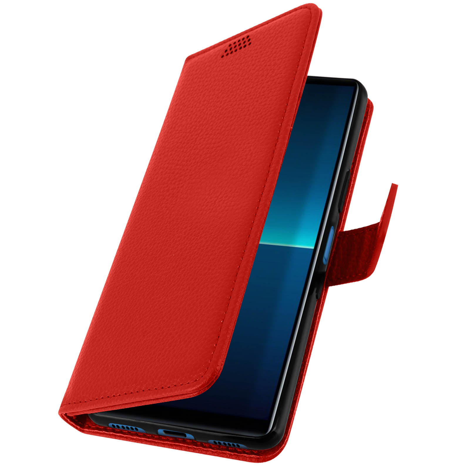 Custodia per telefono rossa con patta aperta. Un telefono è visibile.
