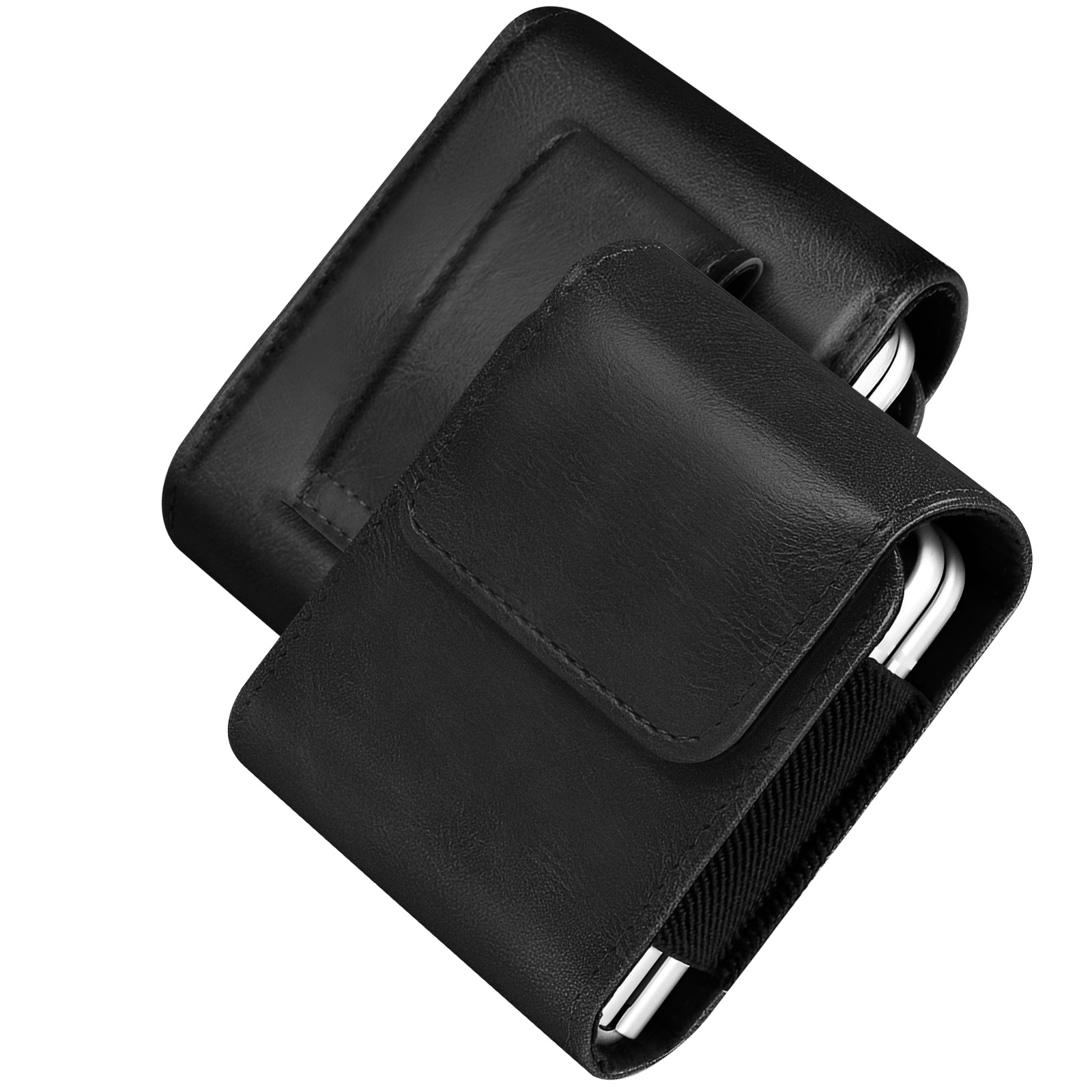 Due custodie in pelle nera, una piccola, una più grande, per auricolari.