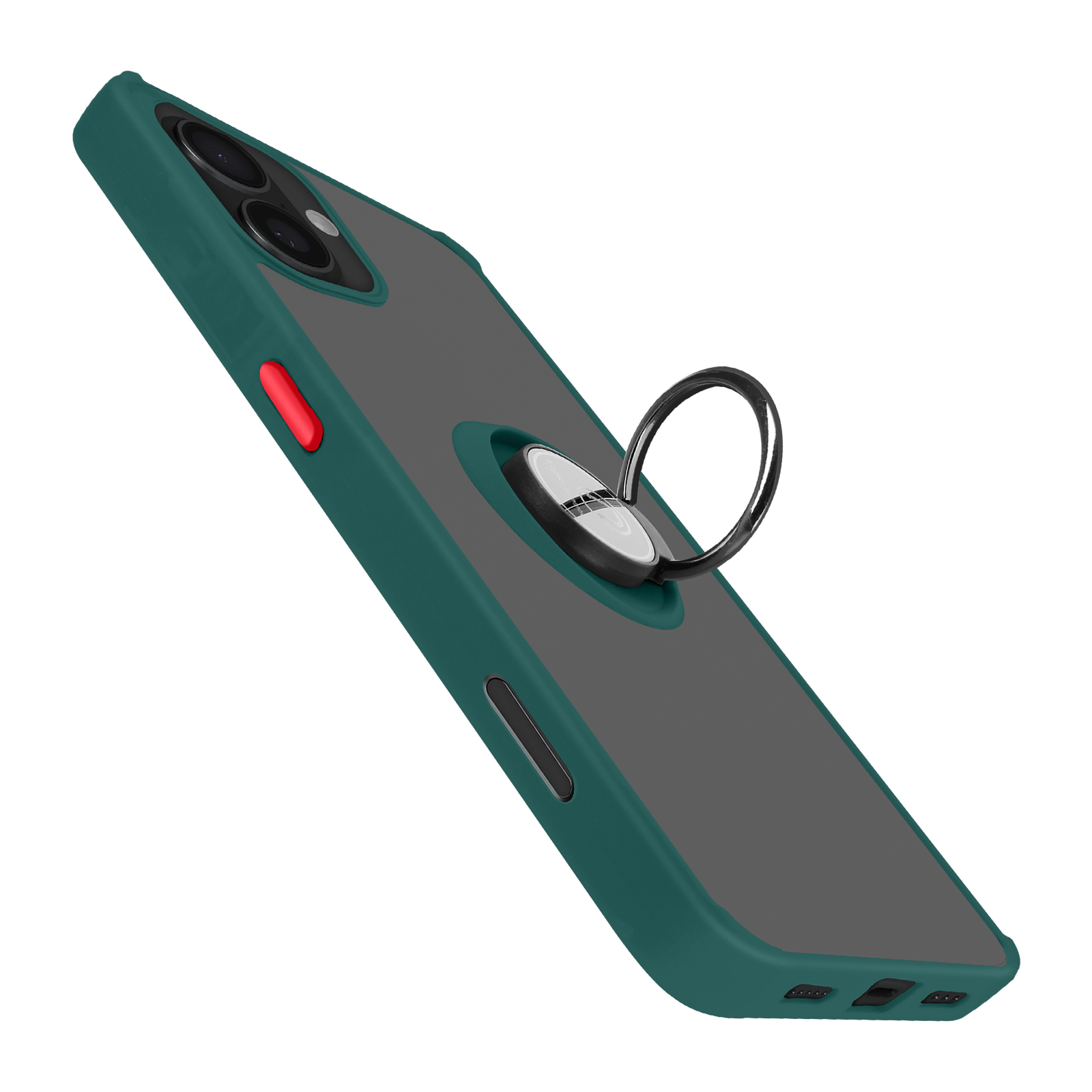 Telefono con custodia verde scuro e anello di supporto.