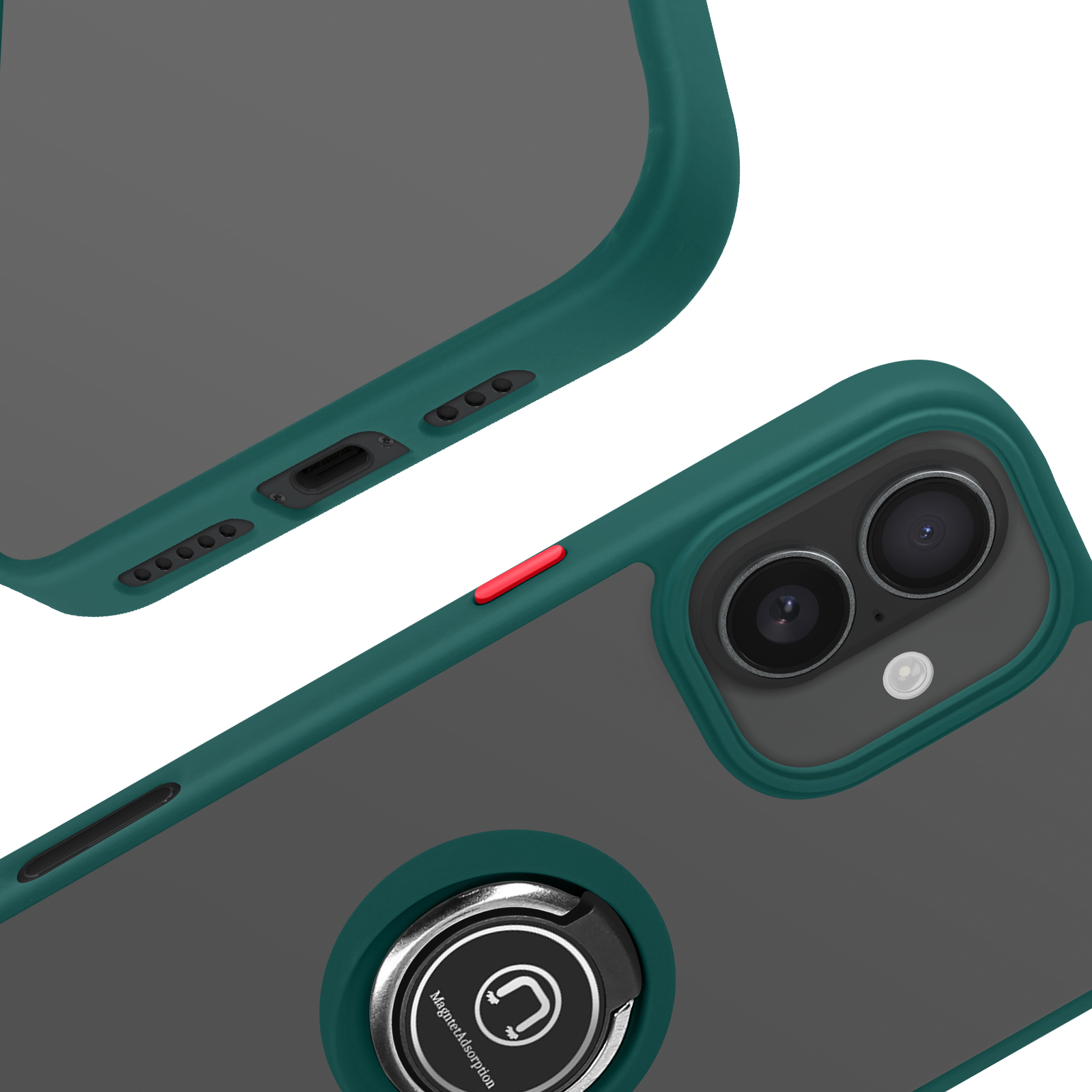 Primo piano di una custodia verde per telefono con retro grigio, pulsante rosso e supporto ad anello argentato.