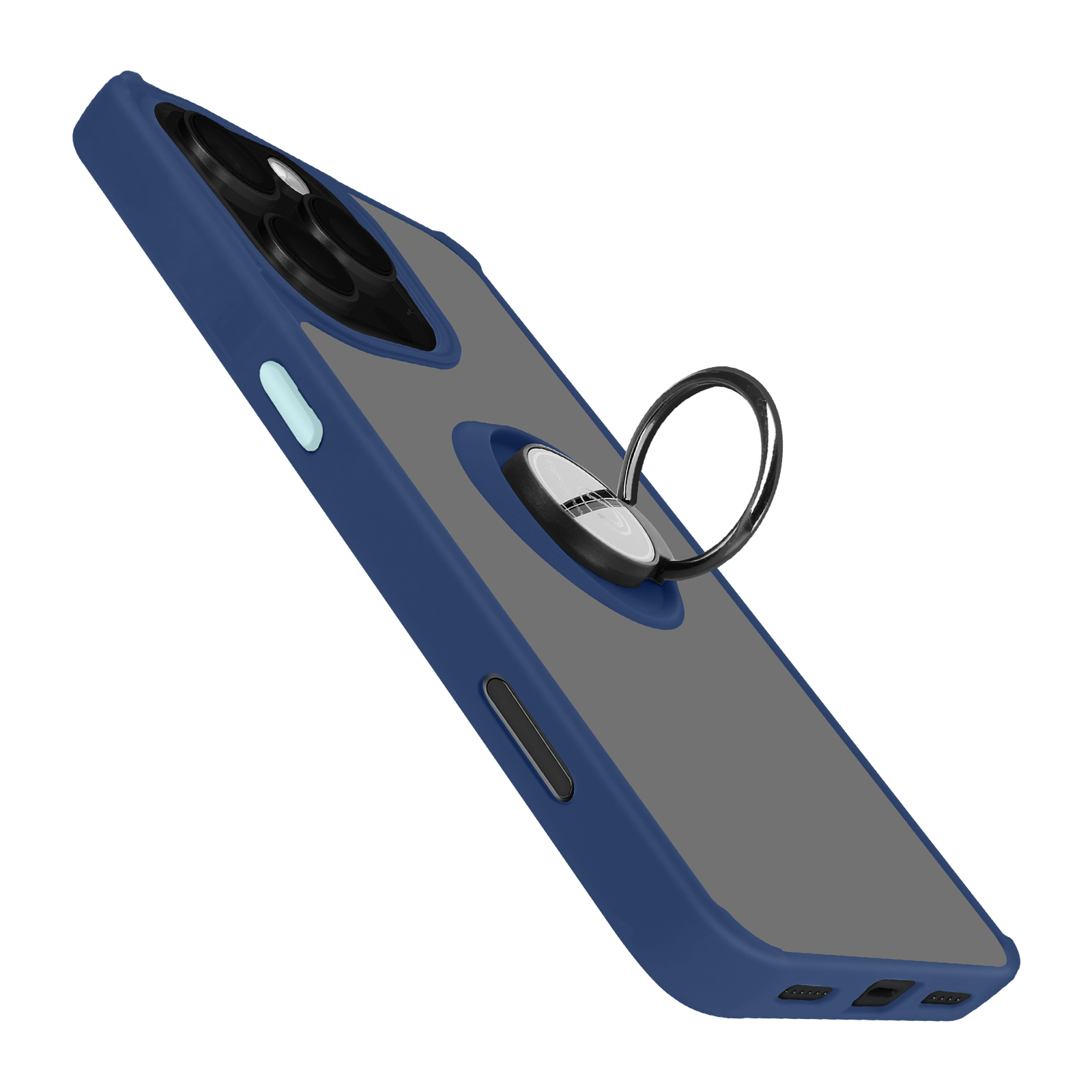 Custodia per telefono con lenti della fotocamera, un porta anello e un design blu scuro e grigio.