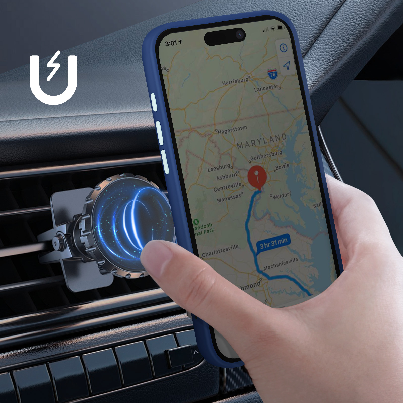 Un telefono in una custodia blu montato in una bocchetta dell'auto, che mostra una mappa con indicazioni.