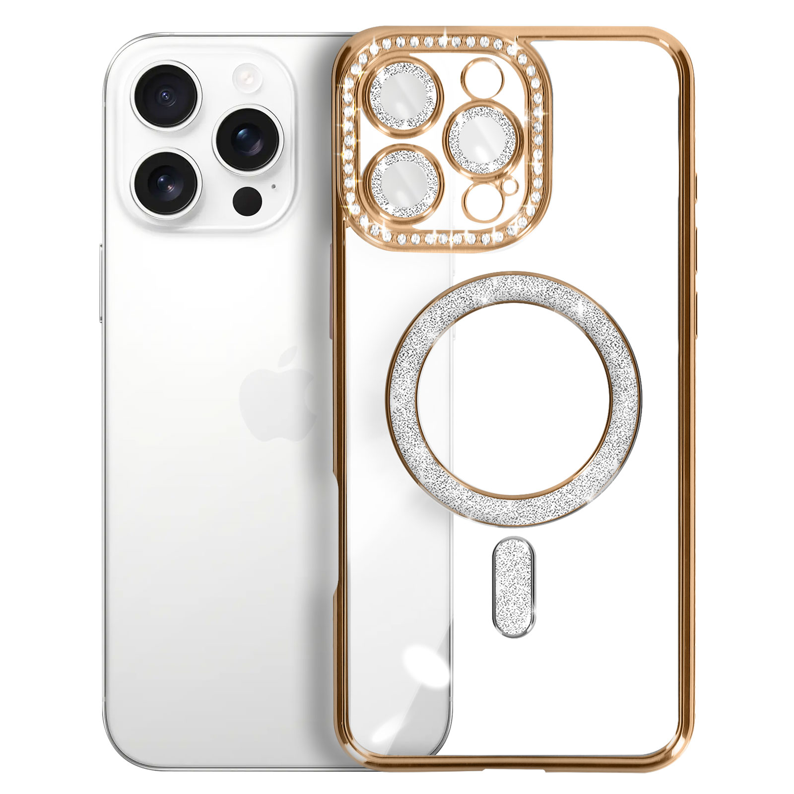 Ein weißes Telefon mit einer gold- und kristallfarbenen Hülle. Die Hülle hat einen Ringhalter und Edelstein-Akzente.