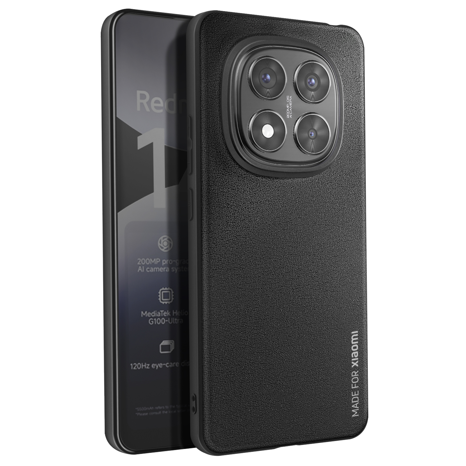 Telefono nero con sporgenza della fotocamera, custodia e la scritta 'Made for Xiaomi'.