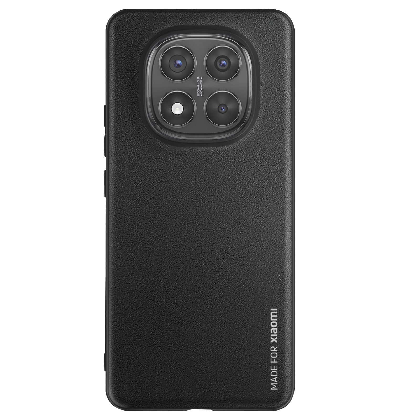 Custodia nera con il logo Xiaomi. La custodia ha quattro fotocamere visibili.