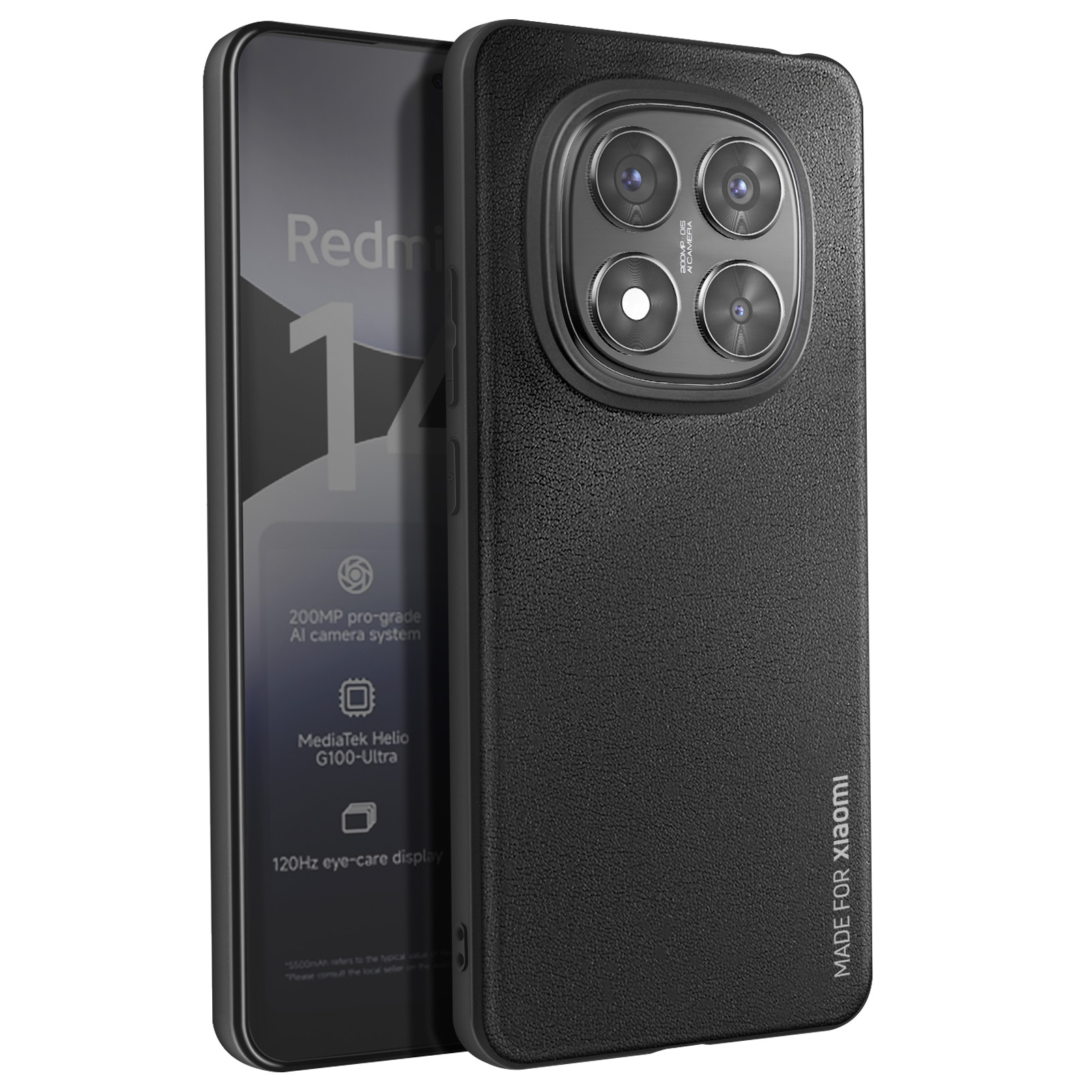 Telefono nero con custodia nera. Il telefono ha tre fotocamere.